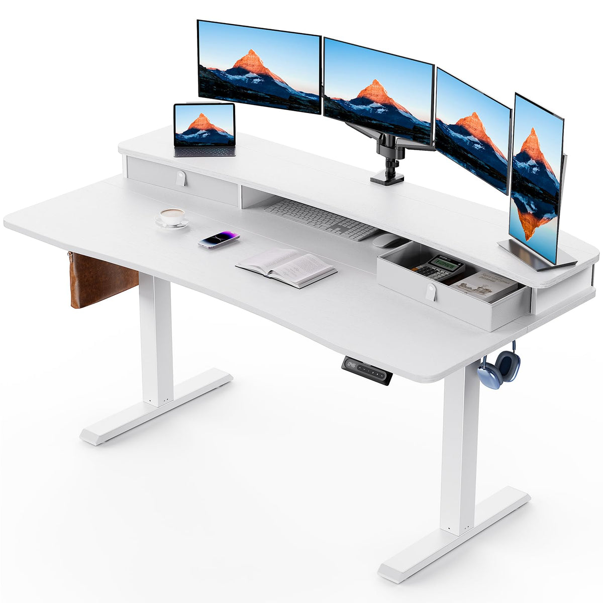 HUANUO 60″ x 30″ Electric Standing Desk with 2 Drawers, C - Clamp Mount Compatible, Height Adjustable Computer Desk, Home Office Stand Up Desk with 4 Preset Heights & 2 Hooks, Light Vintage - 