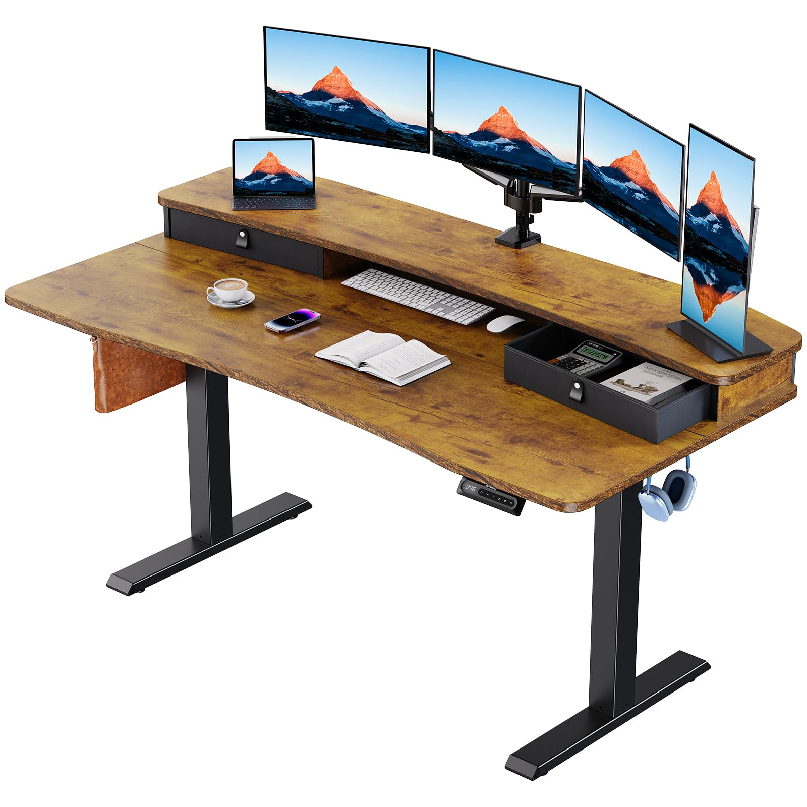 HUANUO 60″ x 30″ Electric Standing Desk with 2 Drawers, C - Clamp Mount Compatible, Height Adjustable Computer Desk, Home Office Stand Up Desk with 4 Preset Heights & 2 Hooks, Light Vintage - 