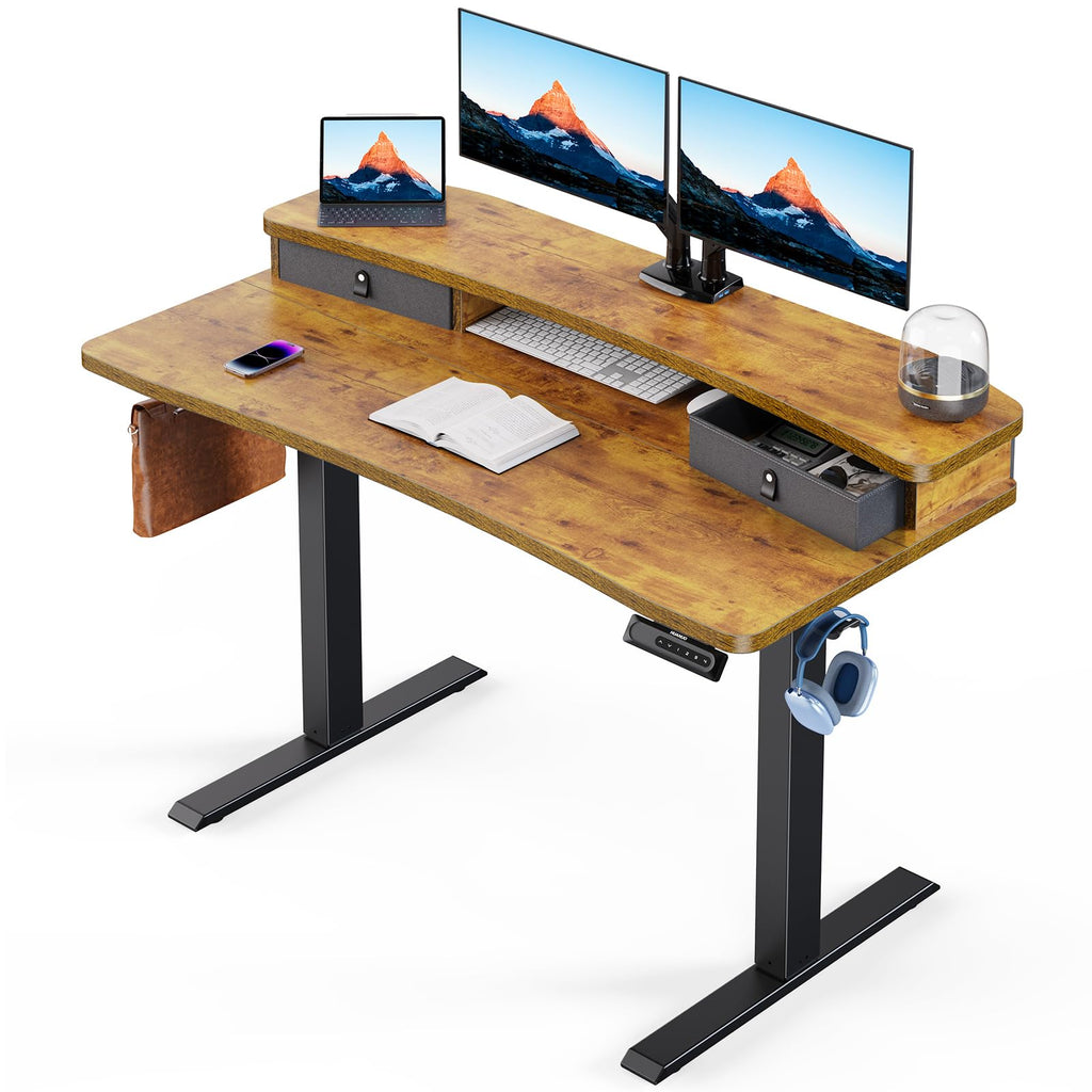 HUANUO 60″ x 30″ Electric Standing Desk with 2 Drawers, C - Clamp Mount Compatible, Height Adjustable Computer Desk, Home Office Stand Up Desk with 4 Preset Heights & 2 Hooks, Light Vintage - 