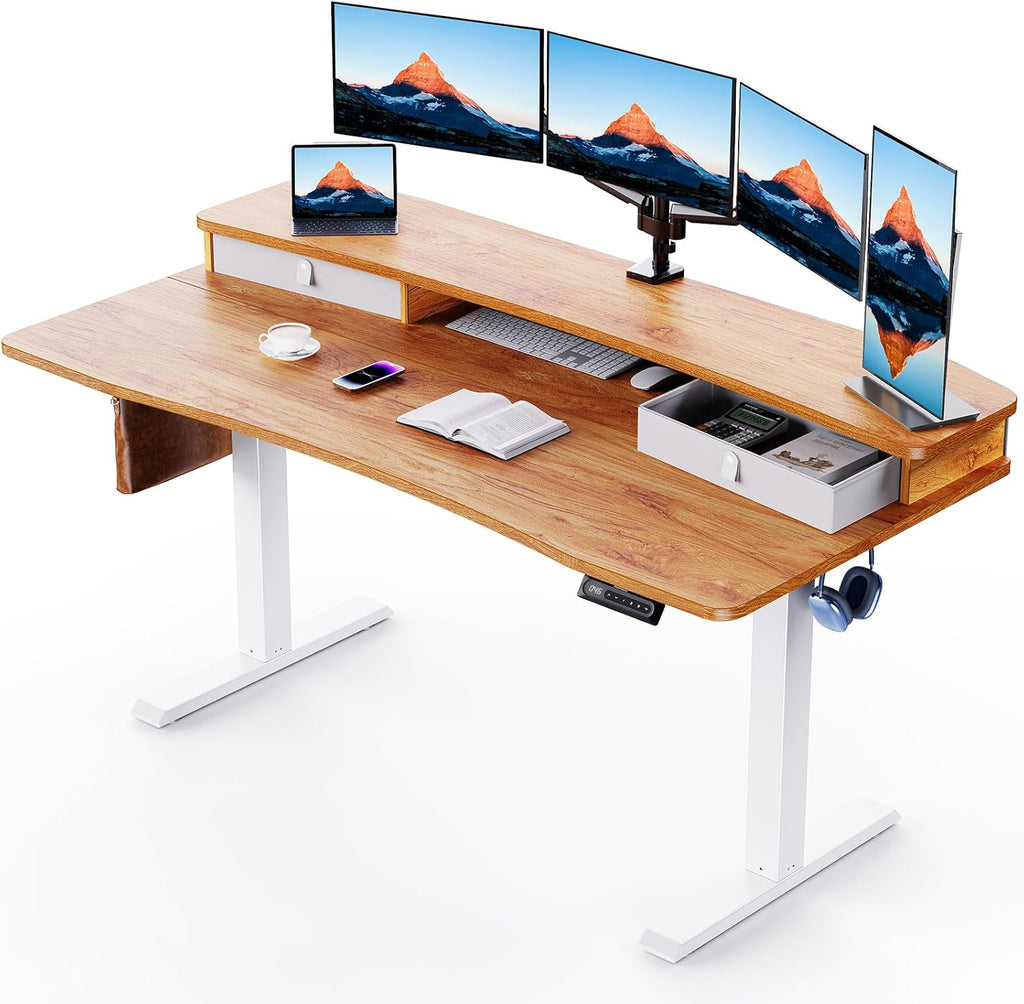 HUANUO 60″ x 30″ Electric Standing Desk with 2 Drawers, C - Clamp Mount Compatible, Height Adjustable Computer Desk, Home Office Stand Up Desk with 4 Preset Heights & 2 Hooks, Light Vintage - 
