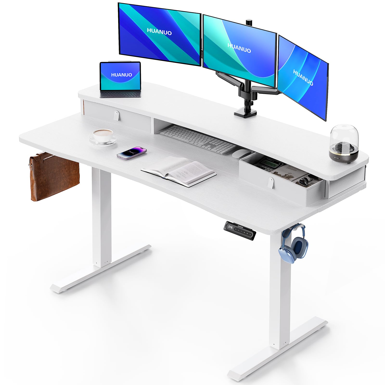 HUANUO 60″ x 30″ Electric Standing Desk with 2 Drawers, C - Clamp Mount Compatible, Height Adjustable Computer Desk, Home Office Stand Up Desk with 4 Preset Heights & 2 Hooks, Light Vintage - 