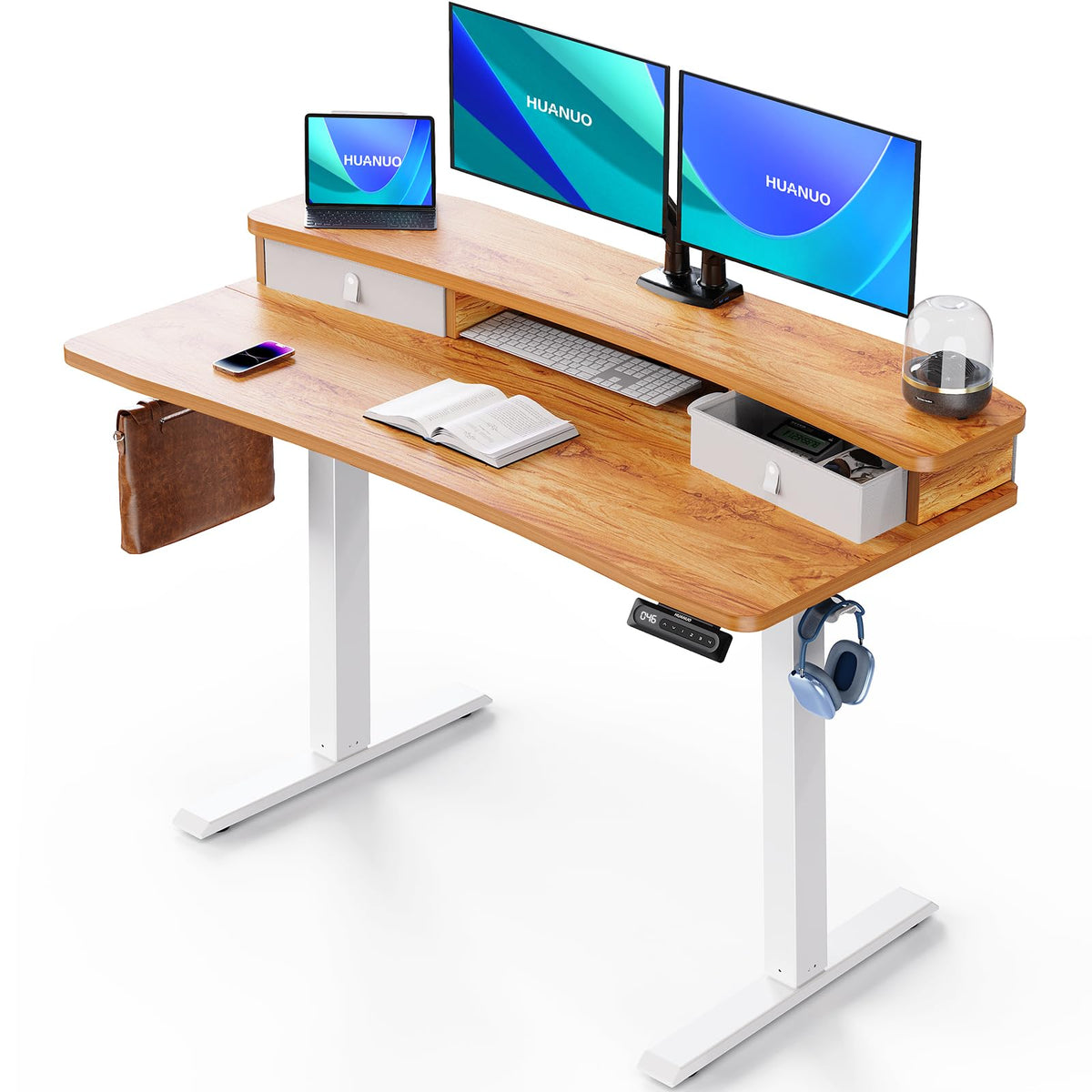 HUANUO 60″ x 30″ Electric Standing Desk with 2 Drawers, C - Clamp Mount Compatible, Height Adjustable Computer Desk, Home Office Stand Up Desk with 4 Preset Heights & 2 Hooks, Light Vintage - 