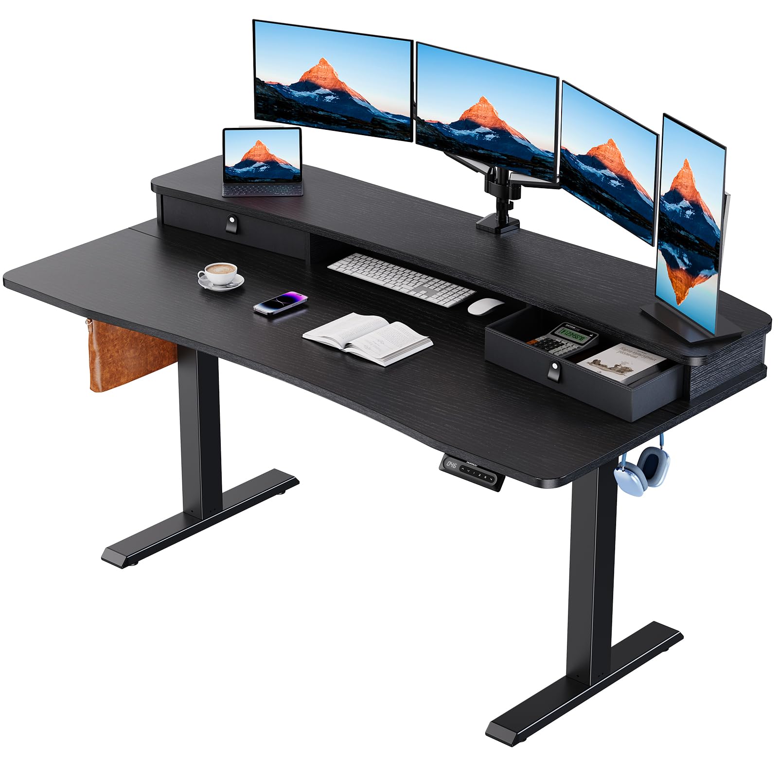 HUANUO 60″ x 30″ Electric Standing Desk with 2 Drawers, C - Clamp Mount Compatible, Height Adjustable Computer Desk, Home Office Stand Up Desk with 4 Preset Heights & 2 Hooks, Light Vintage - 