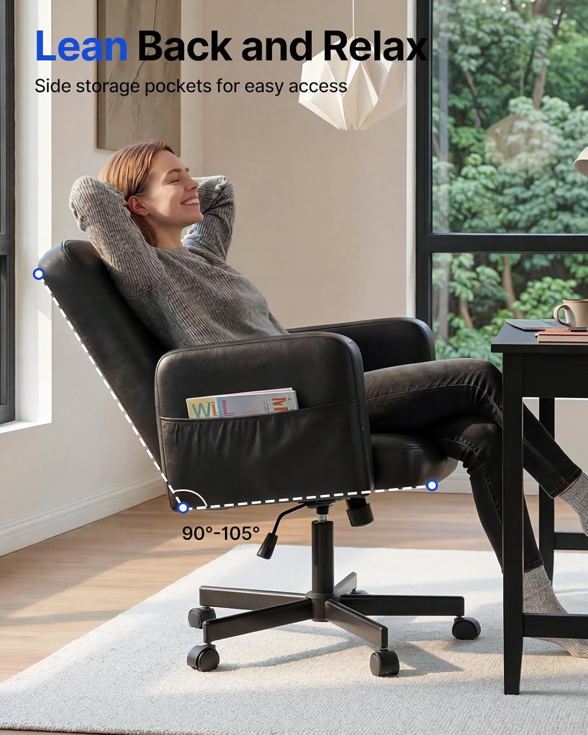HUANUO Criss Cross Chair with 6-Point Adjustable Armrests, Pet-Friendly Criss Cross Office Chair, Comfortable Cross Leg Chair with Wide Seat, Durable PU Leather, Side Storage Pocket, Easy Assembly -