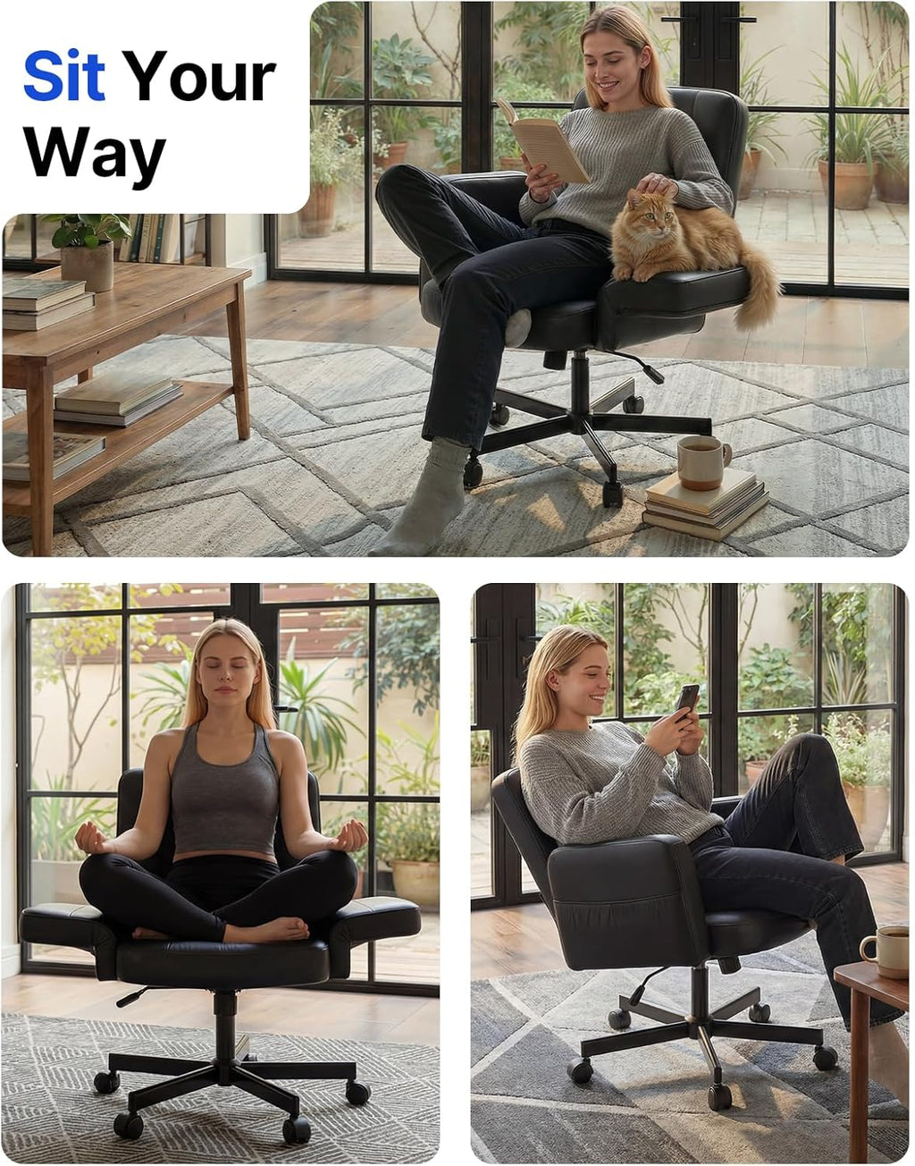 HUANUO Criss Cross Chair with 6-Point Adjustable Armrests, Pet-Friendly Criss Cross Office Chair, Comfortable Cross Leg Chair with Wide Seat, Durable PU Leather, Side Storage Pocket, Easy Assembly -