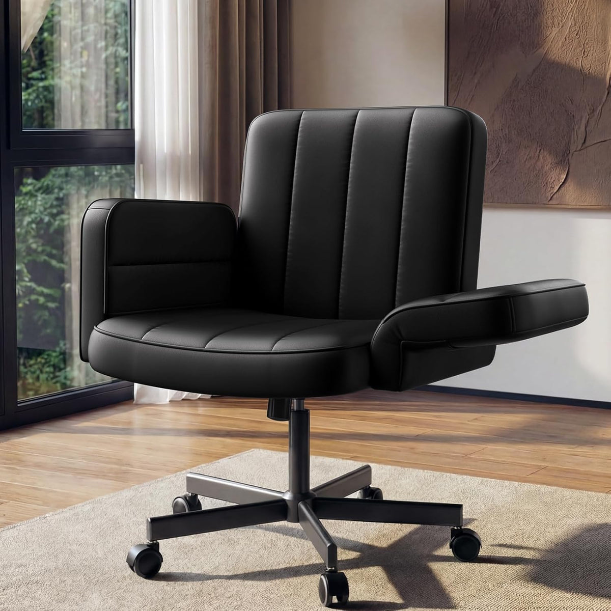HUANUO Criss Cross Chair with 6-Point Adjustable Armrests, Pet-Friendly Criss Cross Office Chair, Comfortable Cross Leg Chair with Wide Seat, Durable PU Leather, Side Storage Pocket, Easy Assembly -