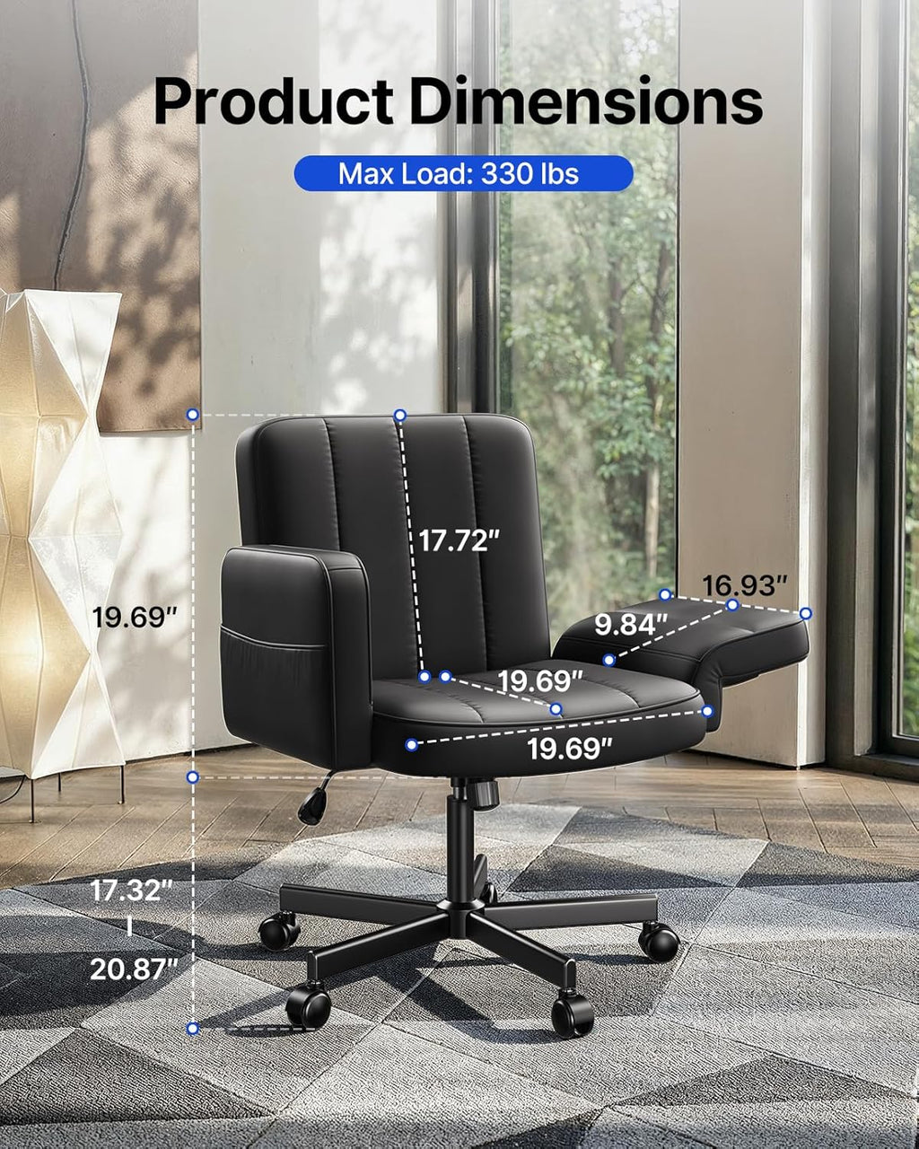 HUANUO Criss Cross Chair with 6-Point Adjustable Armrests, Pet-Friendly Criss Cross Office Chair, Comfortable Cross Leg Chair with Wide Seat, Durable PU Leather, Side Storage Pocket, Easy Assembly -