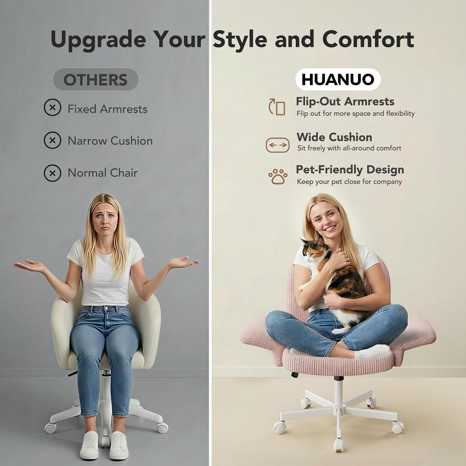 HUANUO Criss Cross Office Chair for Girls, Cross Legged Desk Chair with Adjustable Armrests, Soft Corduroy Fabric for Small Spaces, Home Office Computer Chair for Petite Women, Pink - Deep Green