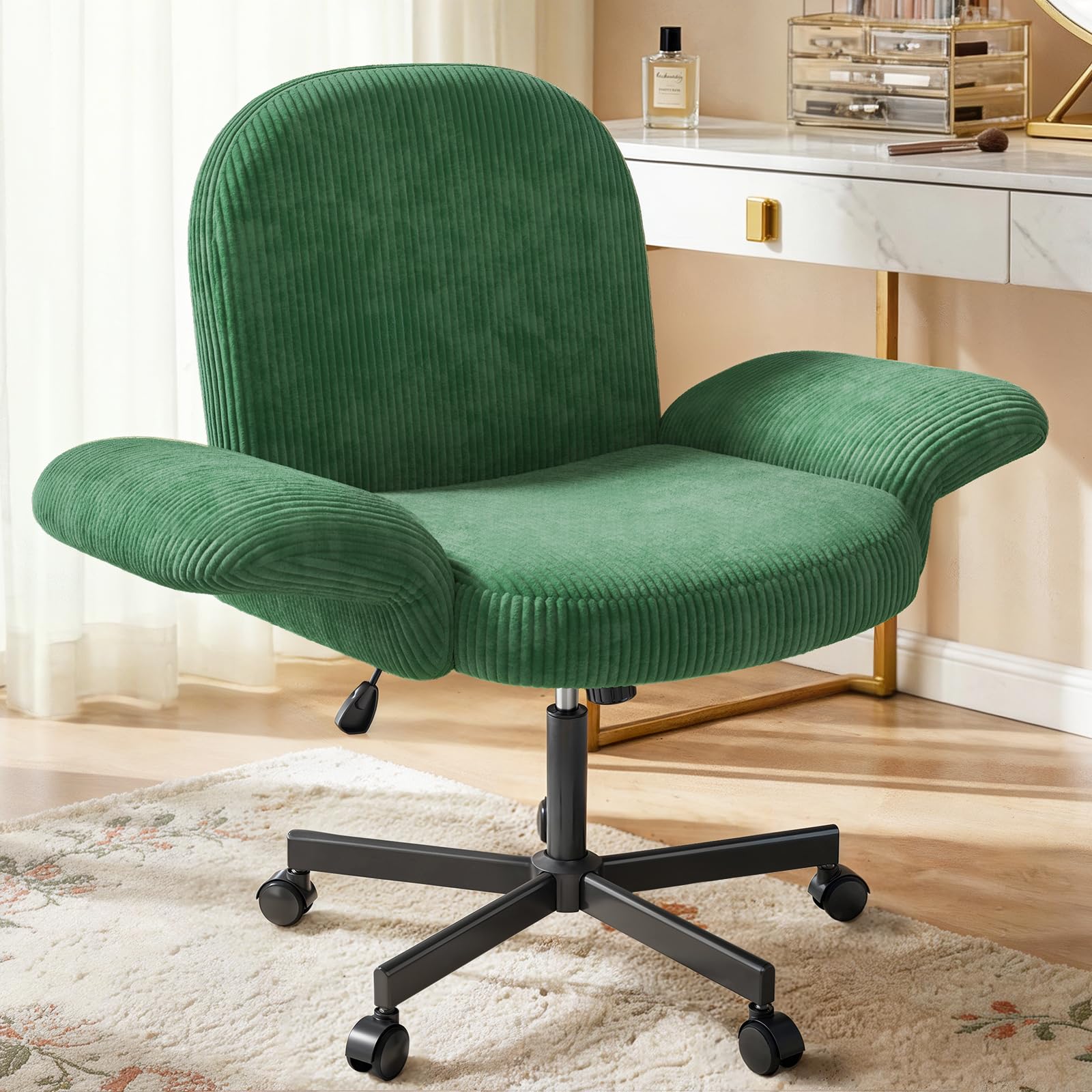 HUANUO Criss Cross Office Chair for Girls, Cross Legged Desk Chair with Adjustable Armrests, Soft Corduroy Fabric for Small Spaces, Home Office Computer Chair for Petite Women, Pink - Deep Green