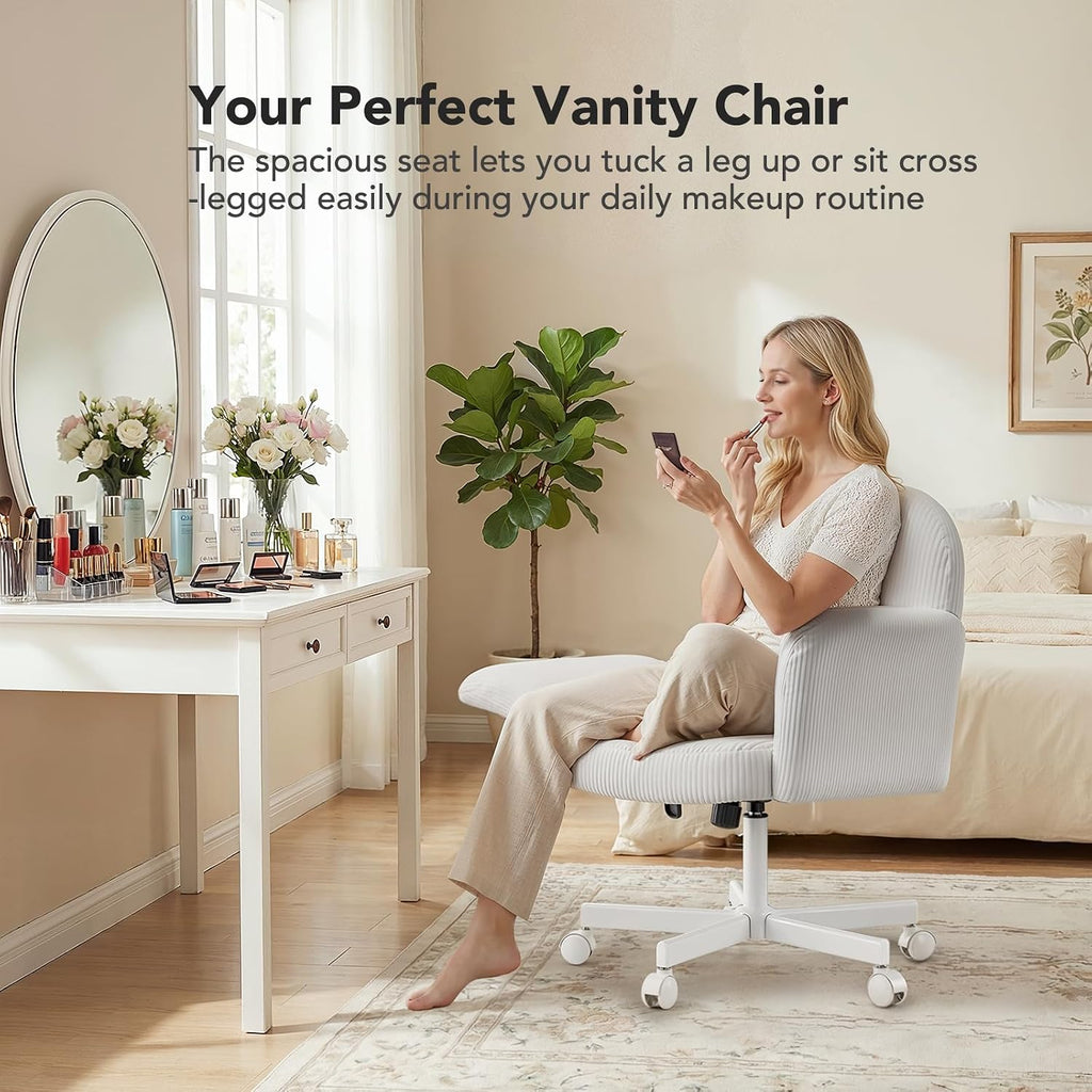 HUANUO Criss Cross Office Chair for Women, Cross Legged Desk Chair with Adjustable Armrests, Soft Corduroy Fabric for Small Spaces, Petite Home Office Computer Chair for Girls, White -