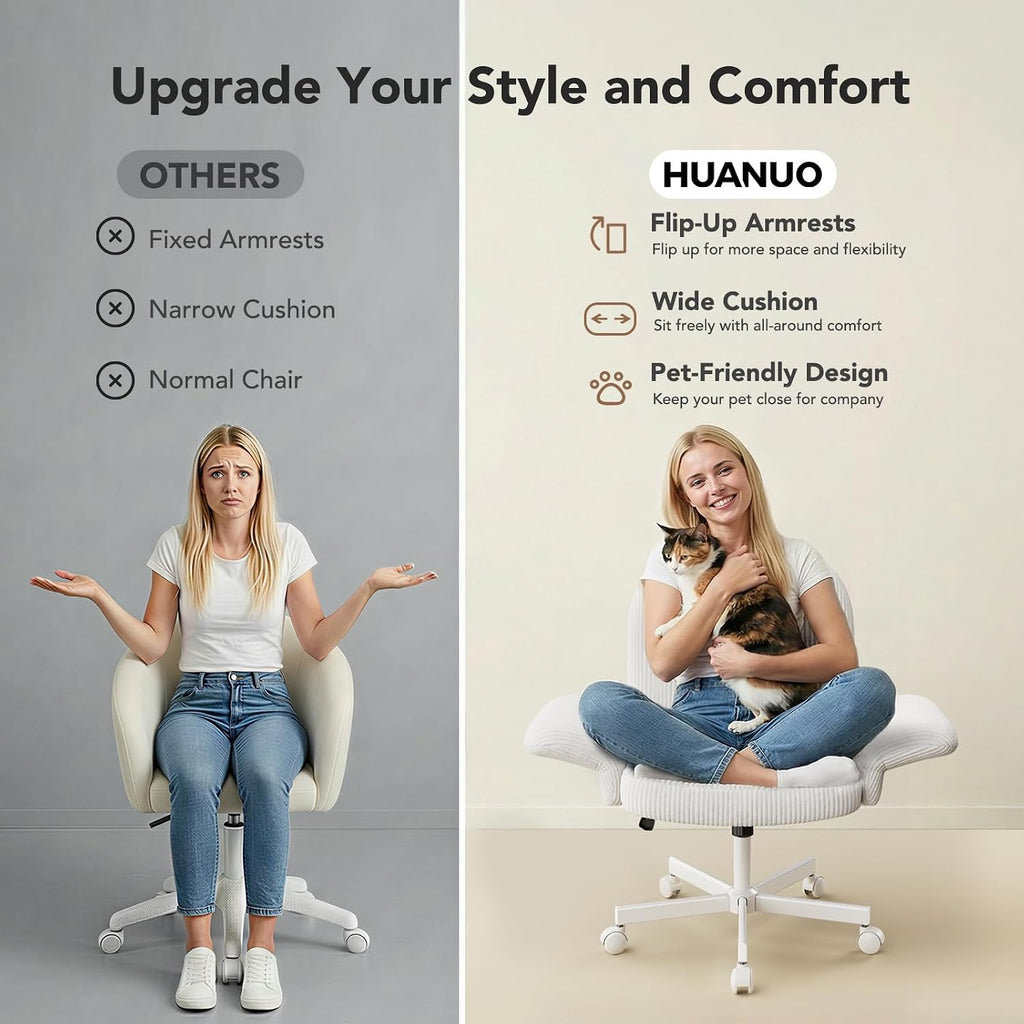 HUANUO Criss Cross Office Chair for Women, Cross Legged Desk Chair with Adjustable Armrests, Soft Corduroy Fabric for Small Spaces, Petite Home Office Computer Chair for Girls, White -