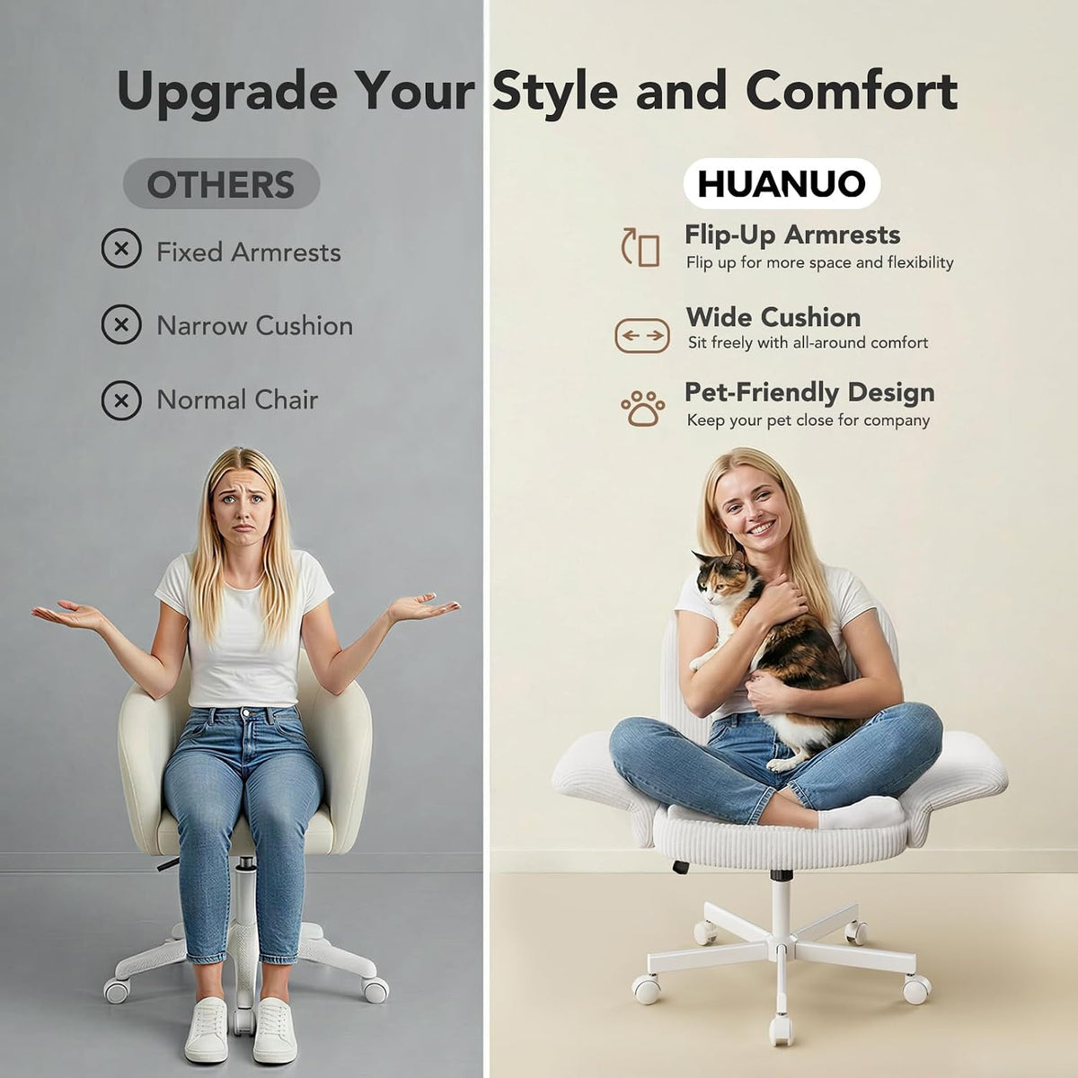 HUANUO Criss Cross Office Chair for Women, Cross Legged Desk Chair with Adjustable Armrests, Soft Corduroy Fabric for Small Spaces, Petite Home Office Computer Chair for Girls, White -