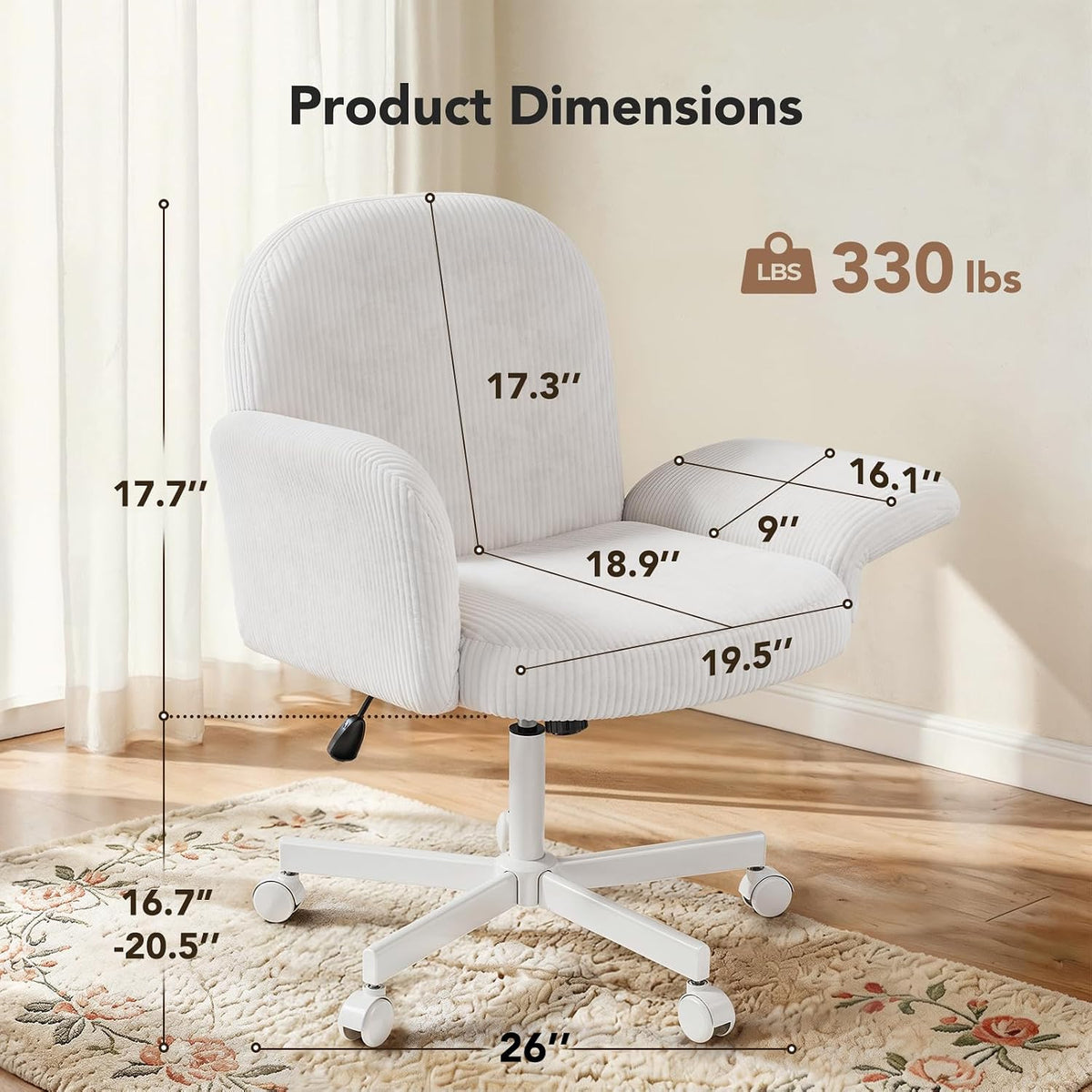 HUANUO Criss Cross Office Chair for Women, Cross Legged Desk Chair with Adjustable Armrests, Soft Corduroy Fabric for Small Spaces, Petite Home Office Computer Chair for Girls, White -