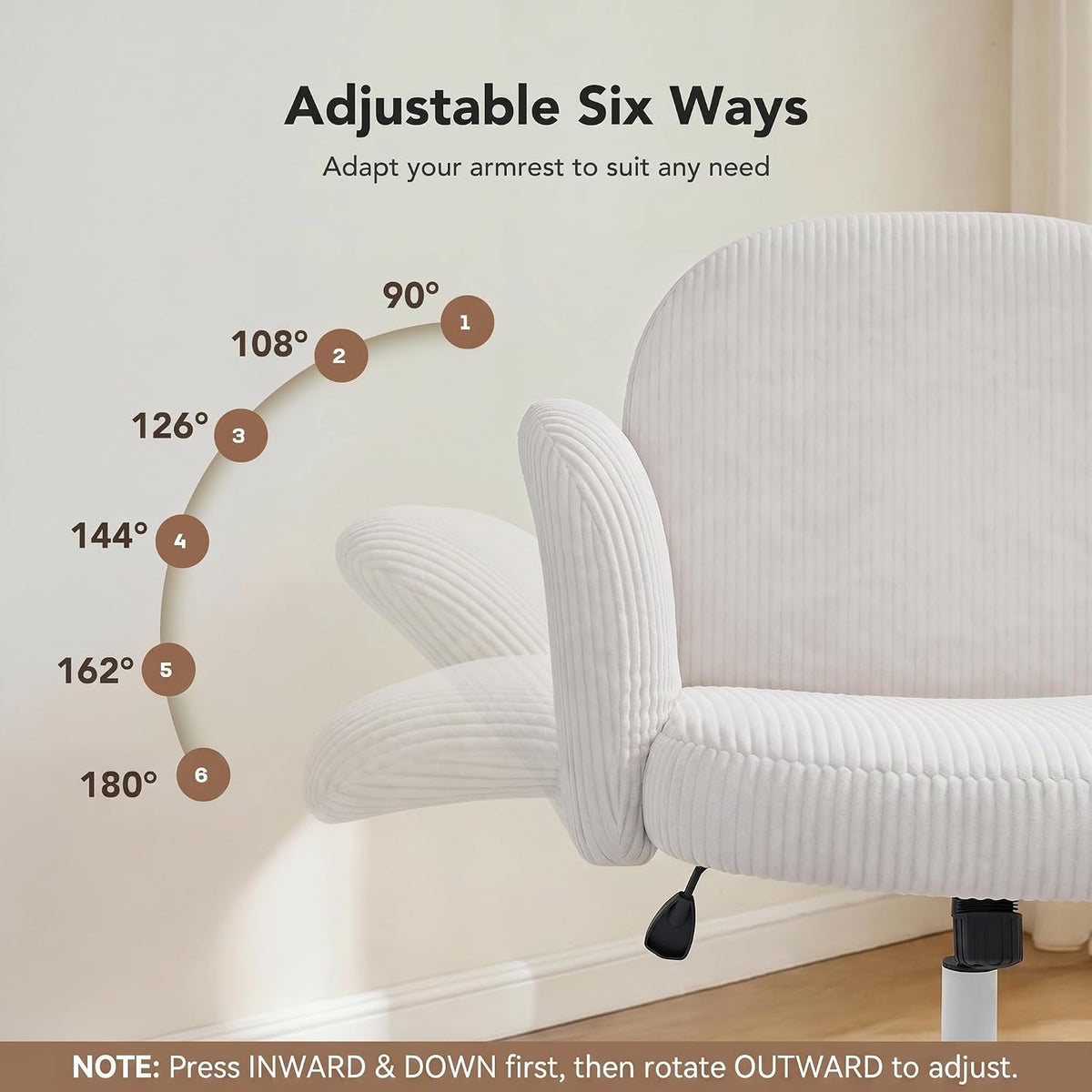 HUANUO Criss Cross Office Chair for Women, Cross Legged Desk Chair with Adjustable Armrests, Soft Corduroy Fabric for Small Spaces, Petite Home Office Computer Chair for Girls, White -