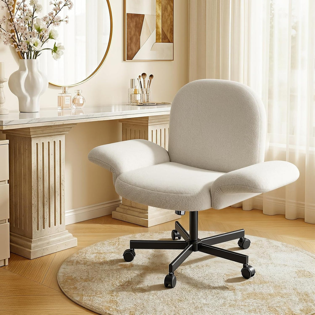 HUANUO Criss Cross Office Chair with Adjustable Armrests & Wheels, Vanity Chair with Wide Cushion, Reclining Back, Soft Chenille Fabric, Desk Chair for Home Office, Makeup Room, Bedroom, White - White
