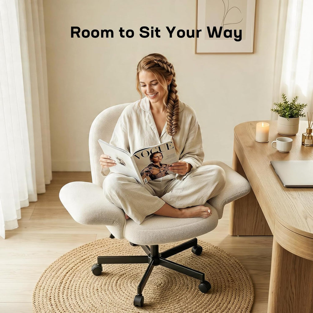 HUANUO Criss Cross Office Chair with Adjustable Armrests & Wheels, Vanity Chair with Wide Cushion, Reclining Back, Soft Chenille Fabric, Desk Chair for Home Office, Makeup Room, Bedroom, White - White