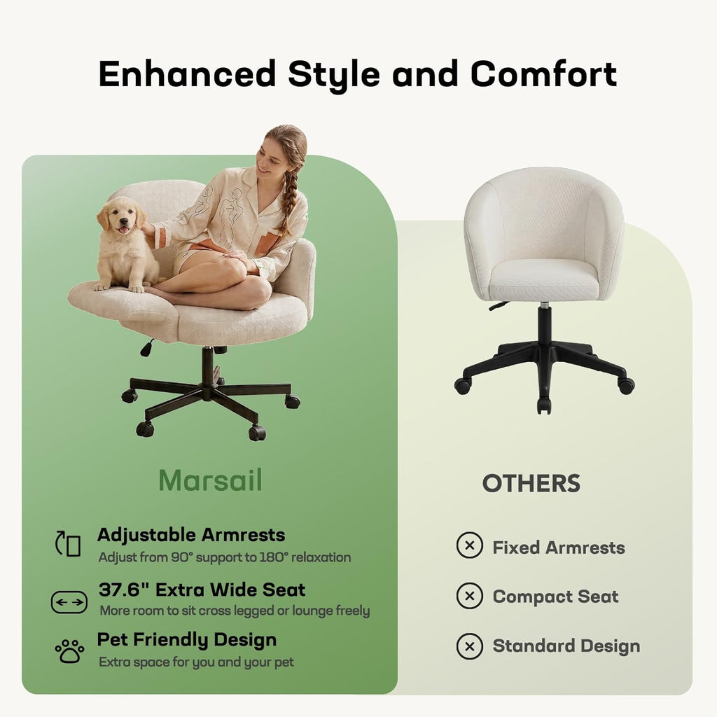 HUANUO Criss Cross Office Chair with Adjustable Armrests & Wheels, Vanity Chair with Wide Cushion, Reclining Back, Soft Chenille Fabric, Desk Chair for Home Office, Makeup Room, Bedroom, White - White
