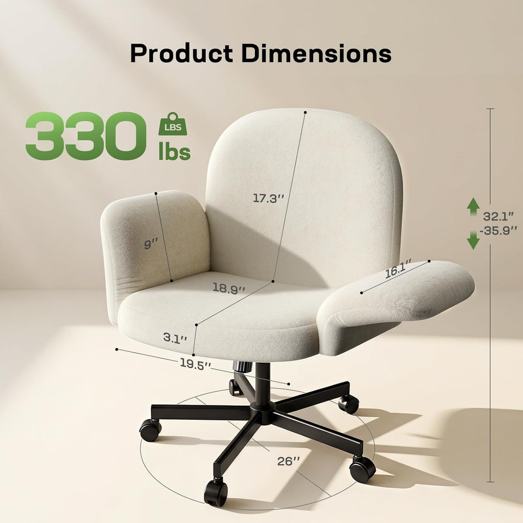 HUANUO Criss Cross Office Chair with Adjustable Armrests & Wheels, Vanity Chair with Wide Cushion, Reclining Back, Soft Chenille Fabric, Desk Chair for Home Office, Makeup Room, Bedroom, White - White