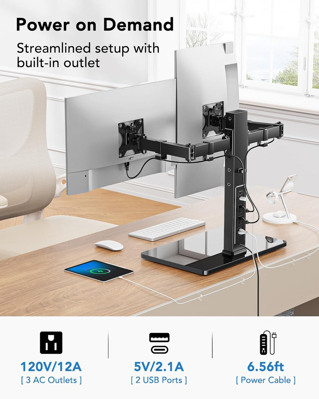 HUANUO Dual Monitor Mount with Power Outlet, Computer Monitor Stand with Sturdy Glass Base, Full Motion Dual Monitor Stand with Adjustable Height, Supports 13″-32″ Displays up to 22 lbs, Easy Setup -