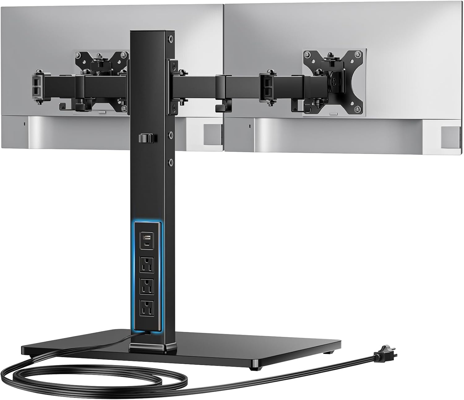 HUANUO Dual Monitor Mount with Power Outlet, Computer Monitor Stand with Sturdy Glass Base, Full Motion Dual Monitor Stand with Adjustable Height, Supports 13″-32″ Displays up to 22 lbs, Easy Setup -