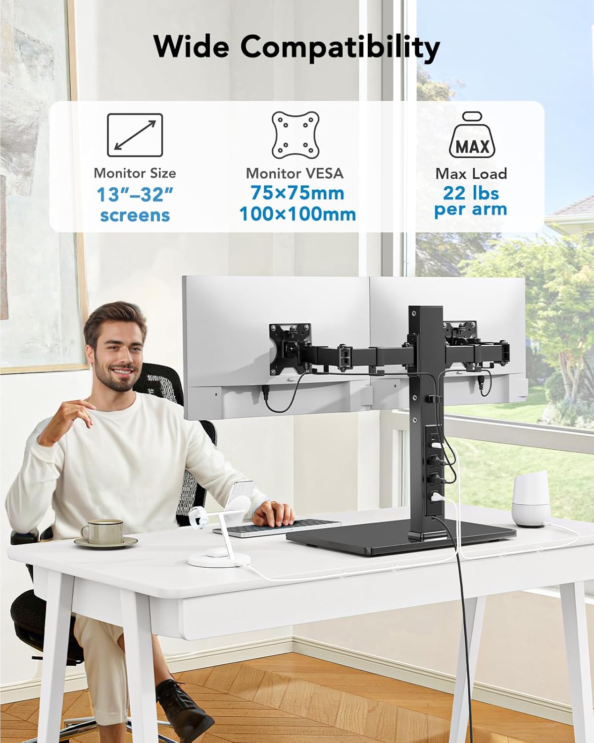 HUANUO Dual Monitor Mount with Power Outlet, Computer Monitor Stand with Sturdy Glass Base, Full Motion Dual Monitor Stand with Adjustable Height, Supports 13″-32″ Displays up to 22 lbs, Easy Setup -