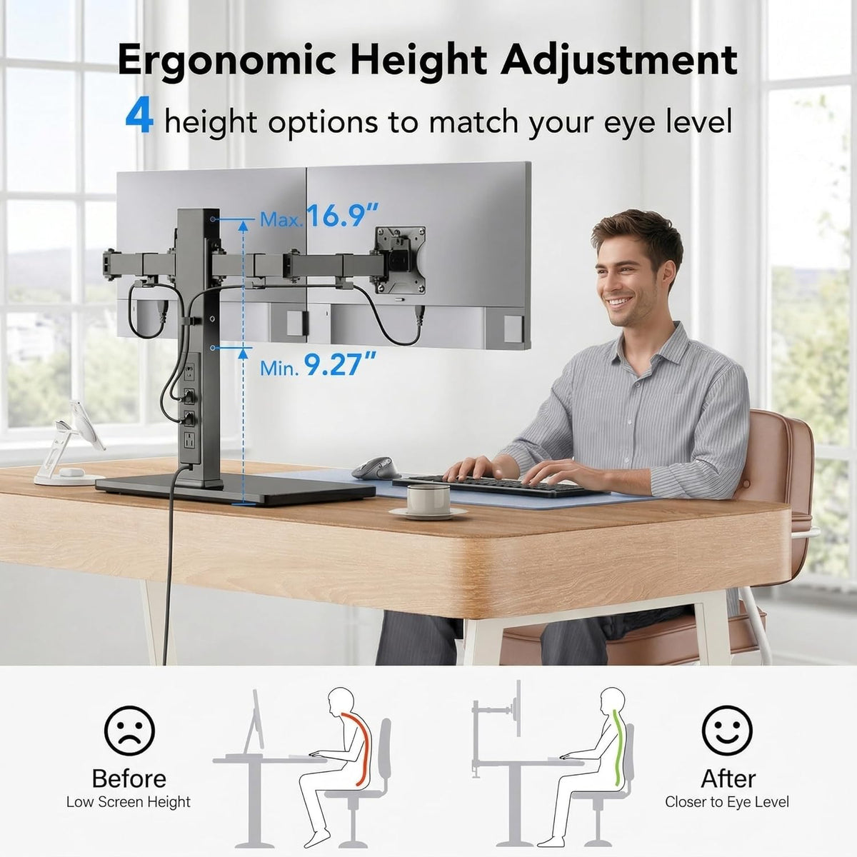 HUANUO Dual Monitor Mount with Power Outlet, Computer Monitor Stand with Sturdy Glass Base, Full Motion Dual Monitor Stand with Adjustable Height, Supports 13″-32″ Displays up to 22 lbs, Easy Setup -