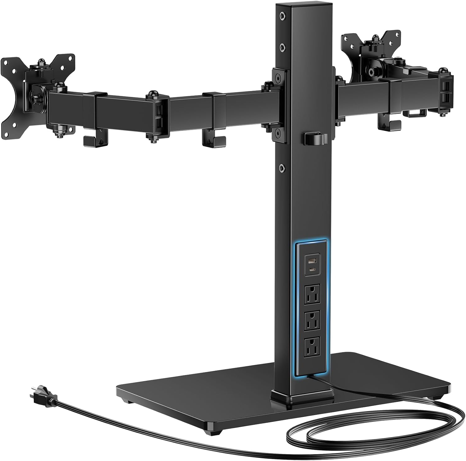 HUANUO Dual Monitor Mount with Power Outlet, Computer Monitor Stand with Sturdy Glass Base, Full Motion Dual Monitor Stand with Adjustable Height, Supports 13″-32″ Displays up to 22 lbs, Easy Setup -
