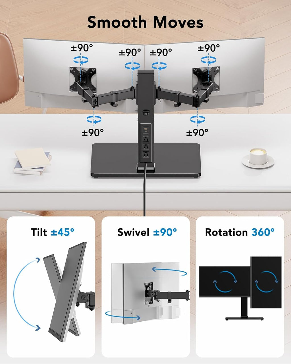 HUANUO Dual Monitor Mount with Power Outlet, Computer Monitor Stand with Sturdy Glass Base, Full Motion Dual Monitor Stand with Adjustable Height, Supports 13″-32″ Displays up to 22 lbs, Easy Setup -