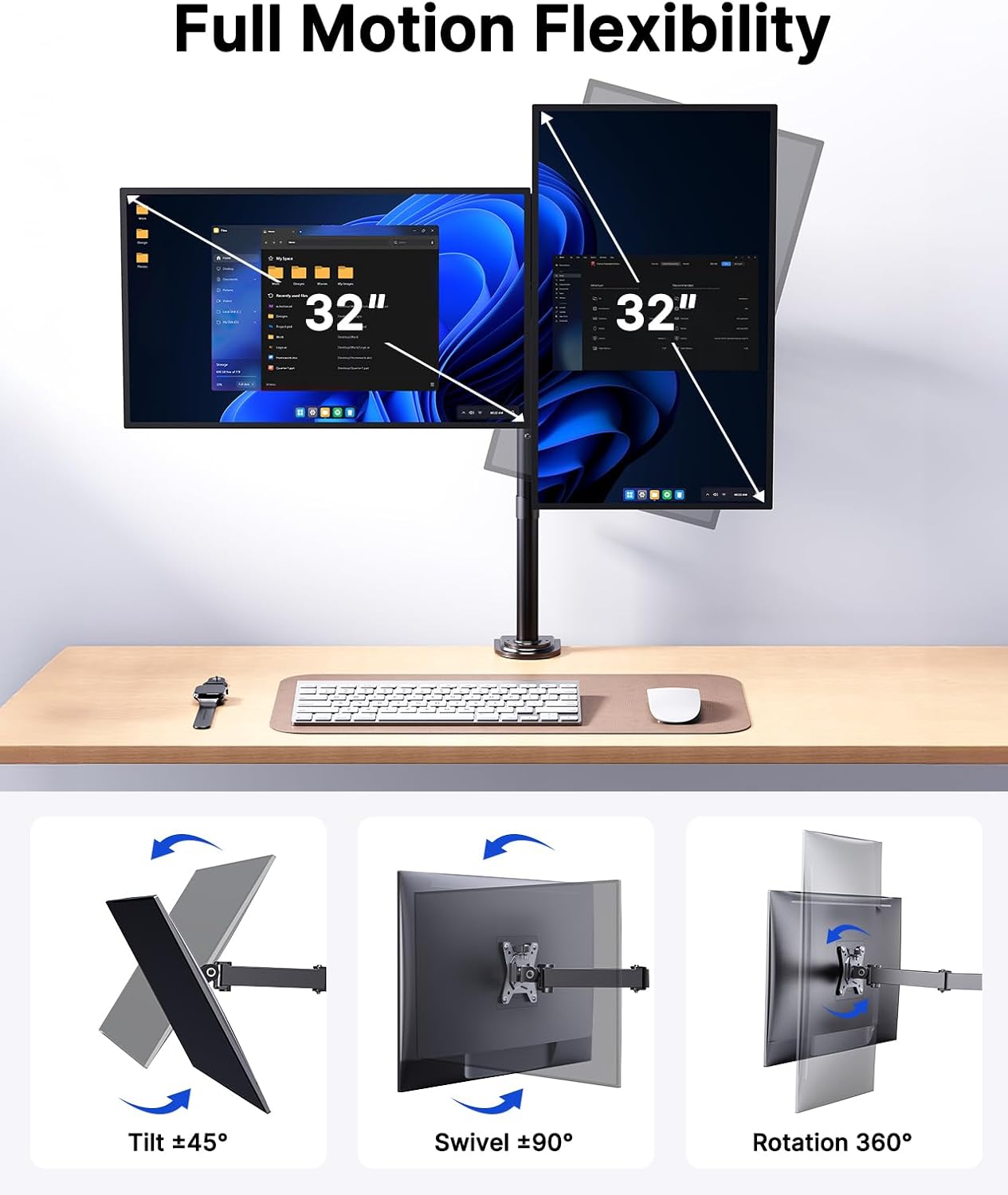 HUANUO Dual Monitor Stand for 13-32 Inch Screens, Tall Pole Desk Mount,Larger Base, Ideal for Sit-Stand Workstations, 22 lbs per Arm, VESA 75x75/100x100mm, Tilt Swivel Rotation, Cable Management -