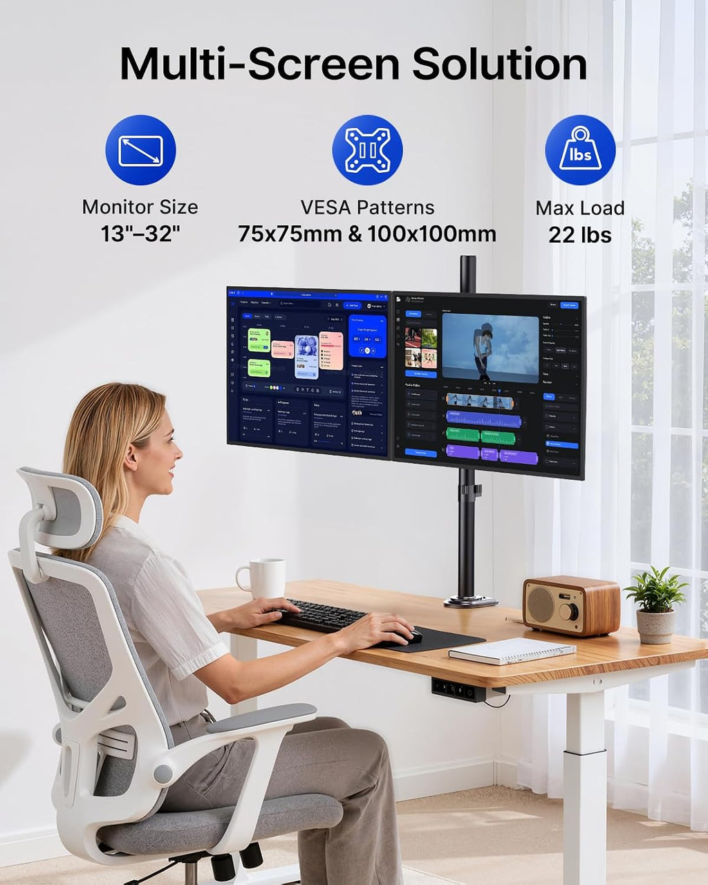 HUANUO Dual Monitor Stand for 13-32 Inch Screens, Tall Pole Desk Mount,Larger Base, Ideal for Sit-Stand Workstations, 22 lbs per Arm, VESA 75x75/100x100mm, Tilt Swivel Rotation, Cable Management -