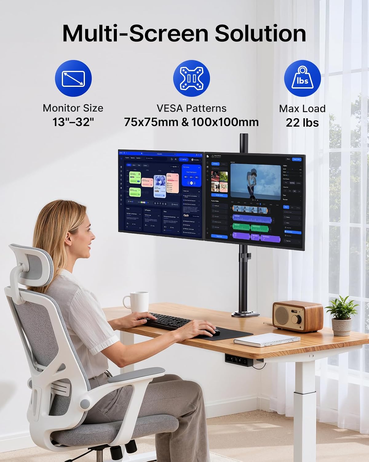 HUANUO Dual Monitor Stand for 13-32 Inch Screens, Tall Pole Desk Mount,Larger Base, Ideal for Sit-Stand Workstations, 22 lbs per Arm, VESA 75x75/100x100mm, Tilt Swivel Rotation, Cable Management -