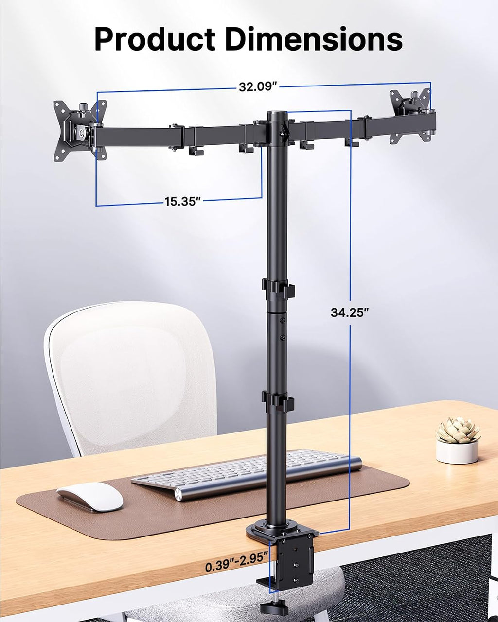 HUANUO Dual Monitor Stand for 13-32 Inch Screens, Tall Pole Desk Mount,Larger Base, Ideal for Sit-Stand Workstations, 22 lbs per Arm, VESA 75x75/100x100mm, Tilt Swivel Rotation, Cable Management -