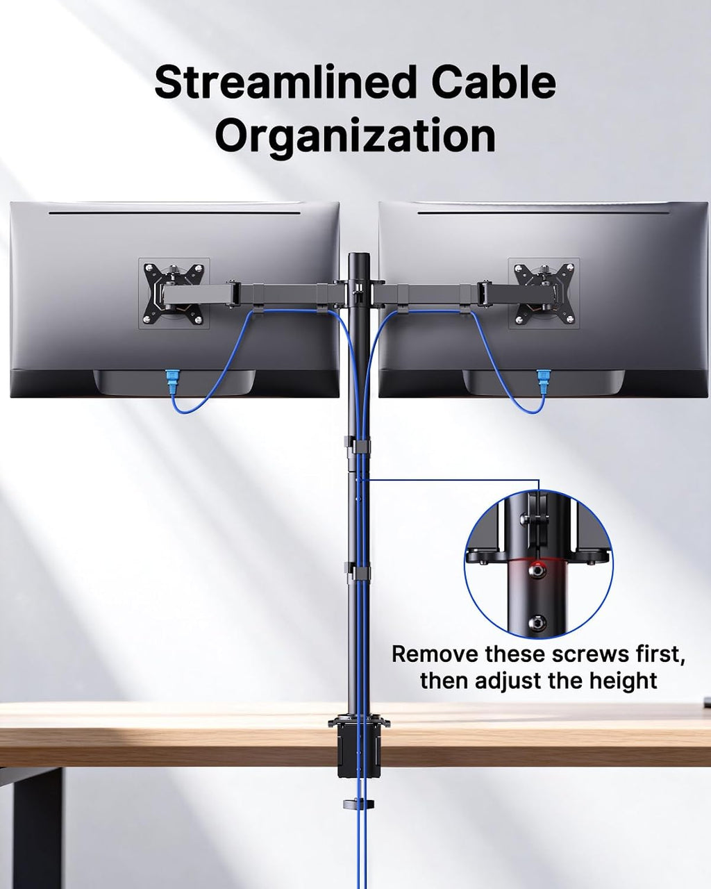 HUANUO Dual Monitor Stand for 13-32 Inch Screens, Tall Pole Desk Mount,Larger Base, Ideal for Sit-Stand Workstations, 22 lbs per Arm, VESA 75x75/100x100mm, Tilt Swivel Rotation, Cable Management -