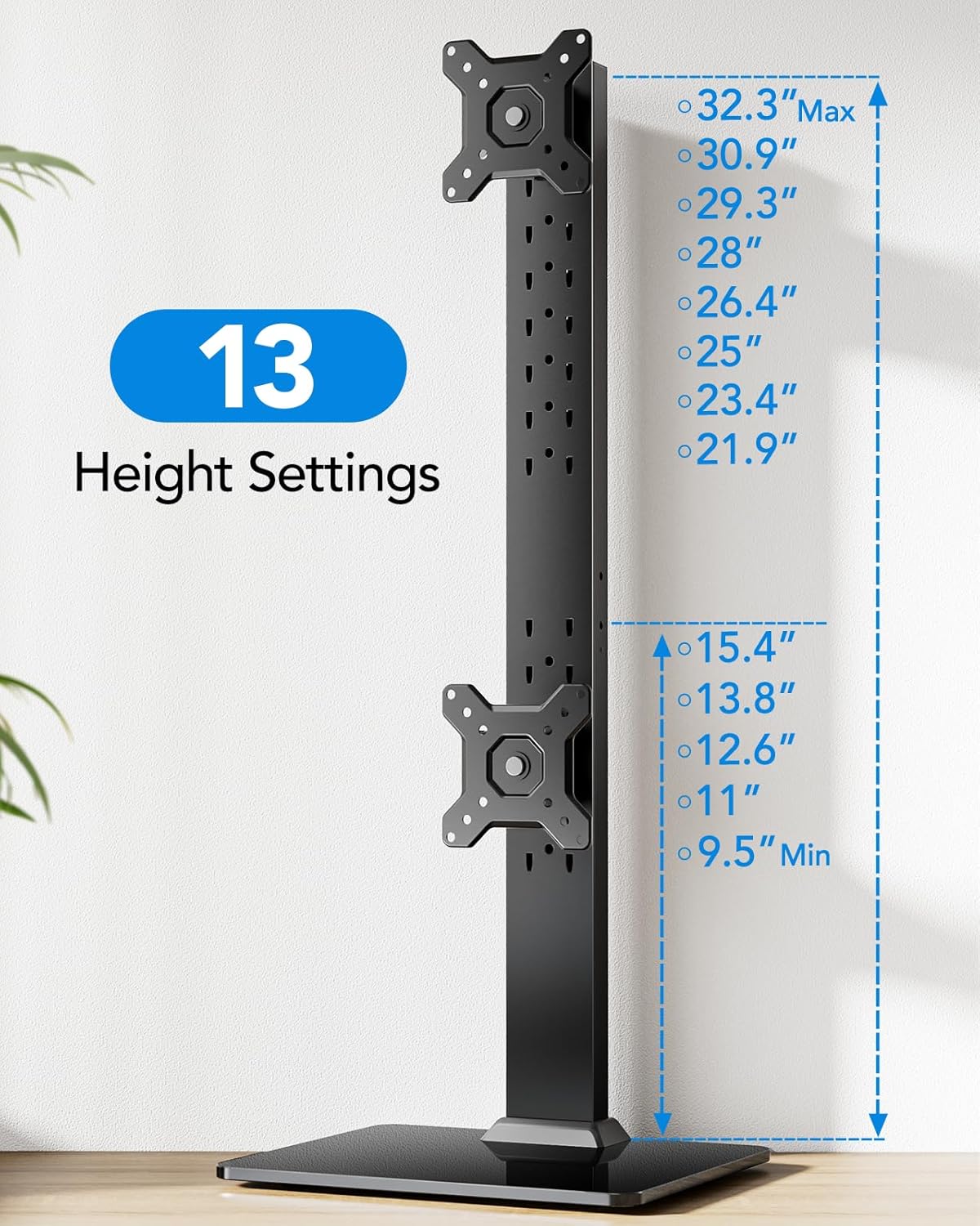 HUANUO Dual Monitor Stand for 13 to 34 Inch, Max Load 44 lbs, Vertical Monitor Mount, Freestanding Monitor Riser with Swivel, Tilt, Rotation, 13 Height Settings, Max VESA 100x100 -