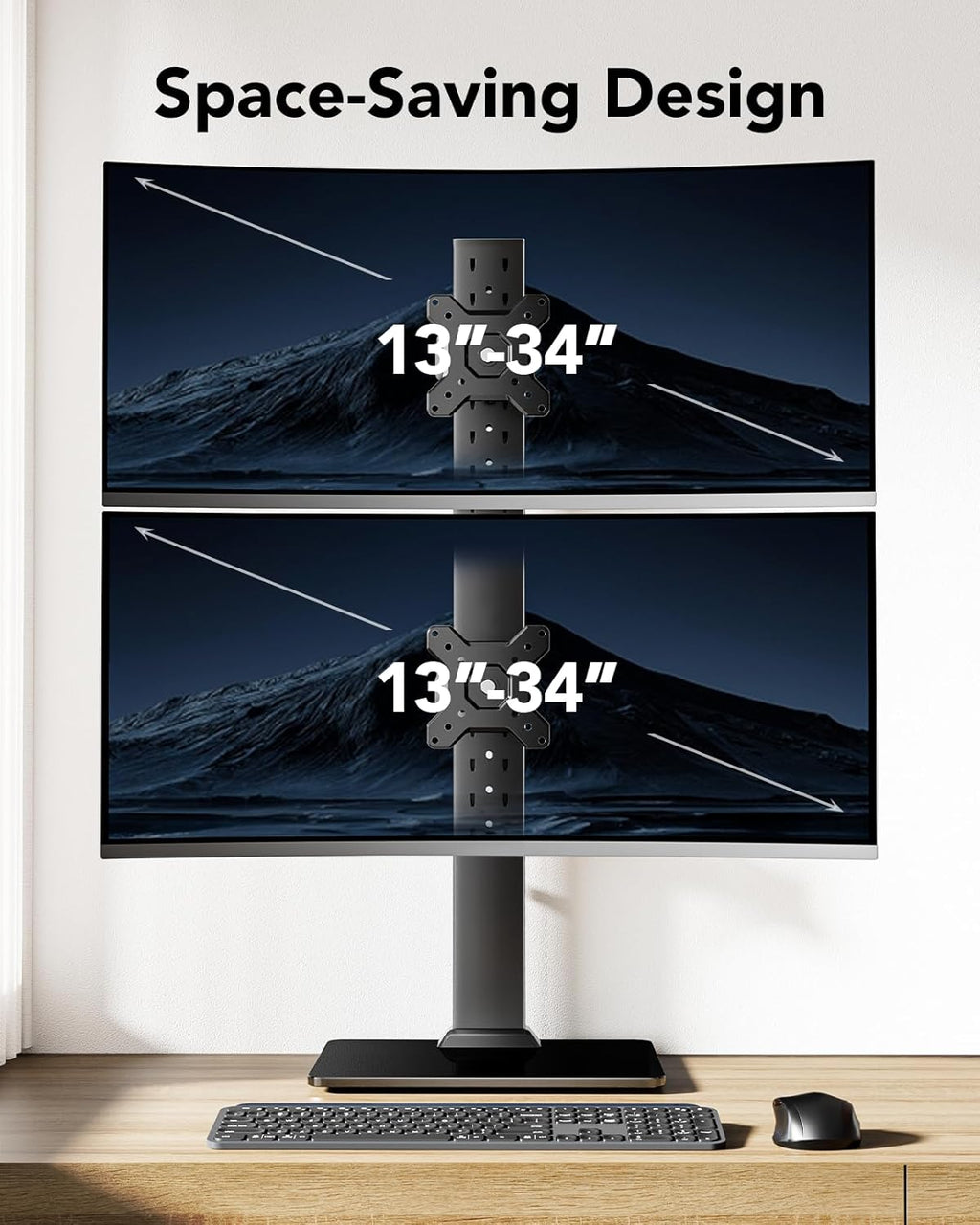 HUANUO Dual Monitor Stand for 13 to 34 Inch, Max Load 44 lbs, Vertical Monitor Mount, Freestanding Monitor Riser with Swivel, Tilt, Rotation, 13 Height Settings, Max VESA 100x100 -