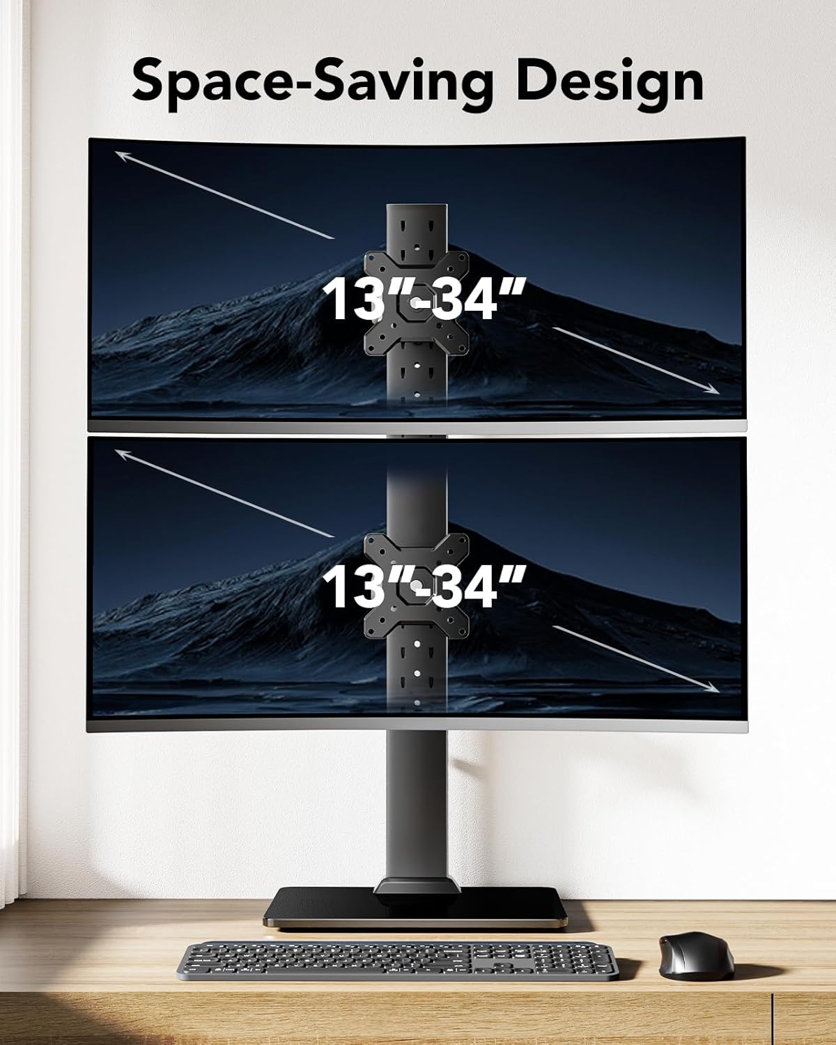 HUANUO Dual Monitor Stand for 13 to 34 Inch, Max Load 44 lbs, Vertical Monitor Mount, Freestanding Monitor Riser with Swivel, Tilt, Rotation, 13 Height Settings, Max VESA 100x100 -