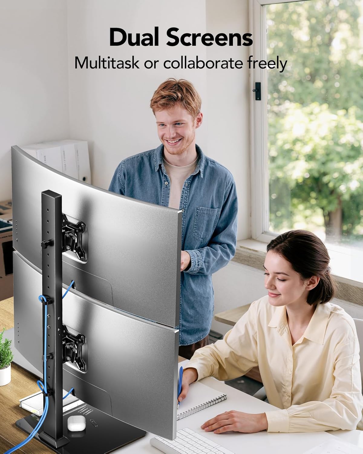 HUANUO Dual Monitor Stand for 13 to 34 Inch, Max Load 44 lbs, Vertical Monitor Mount, Freestanding Monitor Riser with Swivel, Tilt, Rotation, 13 Height Settings, Max VESA 100x100 -