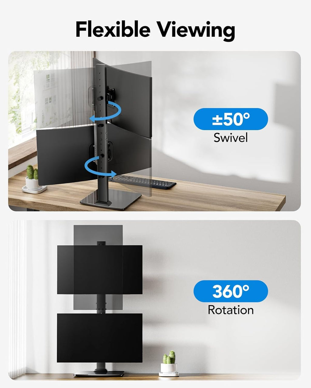 HUANUO Dual Monitor Stand for 13 to 34 Inch, Max Load 44 lbs, Vertical Monitor Mount, Freestanding Monitor Riser with Swivel, Tilt, Rotation, 13 Height Settings, Max VESA 100x100 -