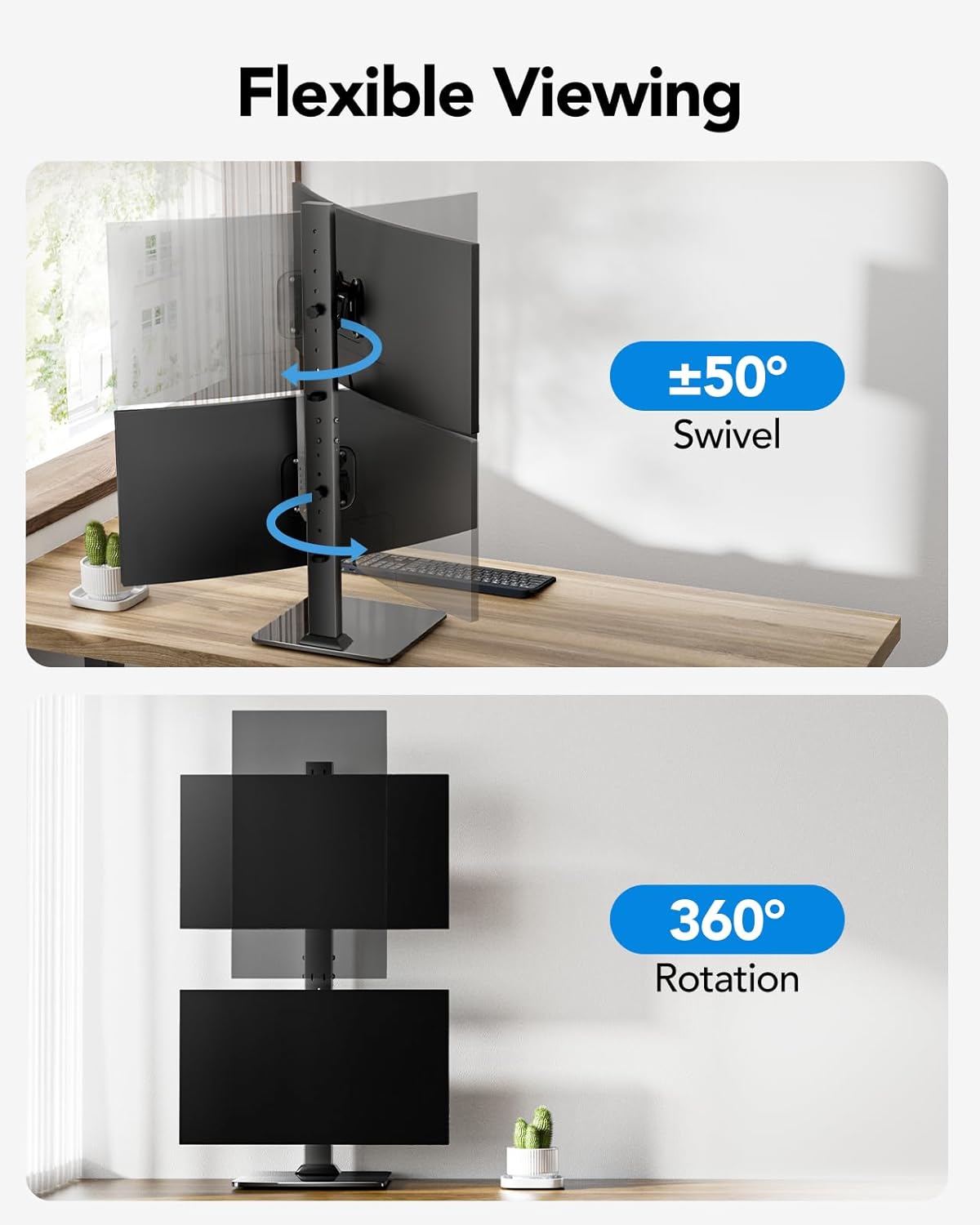 HUANUO Dual Monitor Stand for 13 to 34 Inch, Max Load 44 lbs, Vertical Monitor Mount, Freestanding Monitor Riser with Swivel, Tilt, Rotation, 13 Height Settings, Max VESA 100x100 -