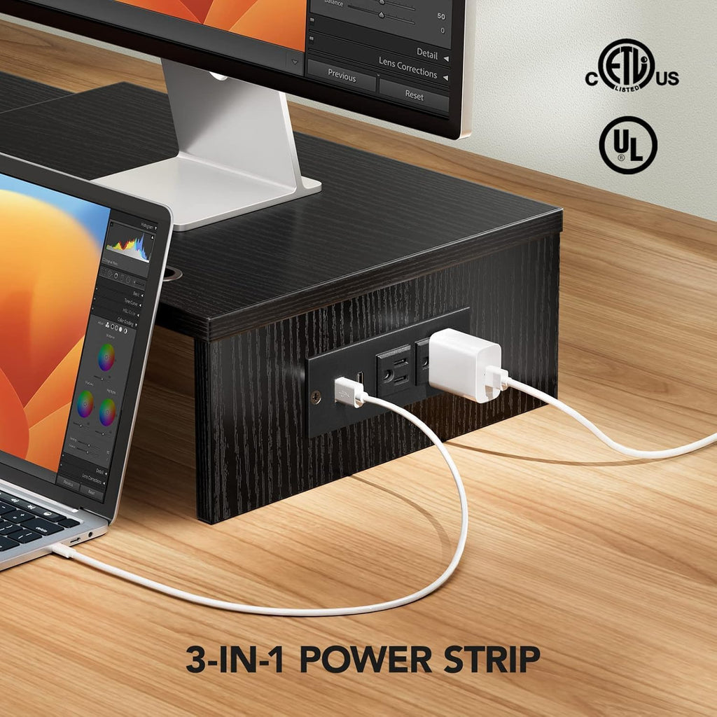 HUANUO Dual Monitor Stand -Monitor Stand with USB ports ,Adjustable Length and Angle, Dual monitor riser w/ Desktop Socket, Monitor Stand Riser for PC, Computer, Laptop (Black) -