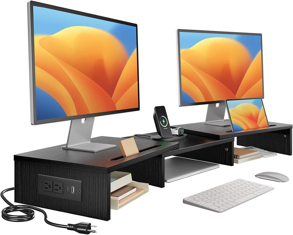 HUANUO Dual Monitor Stand -Monitor Stand with USB ports ,Adjustable Length and Angle, Dual monitor riser w/ Desktop Socket, Monitor Stand Riser for PC, Computer, Laptop (Black) -
