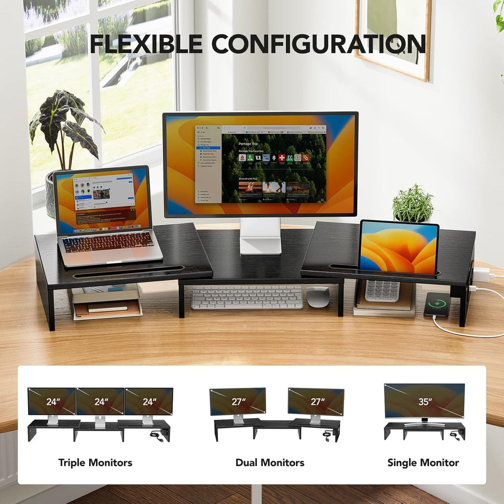 HUANUO Dual Monitor Stand -Monitor Stand with USB ports ,Adjustable Length and Angle, Dual monitor riser w/ Desktop Socket, Monitor Stand Riser for PC, Computer, Laptop (Black) -