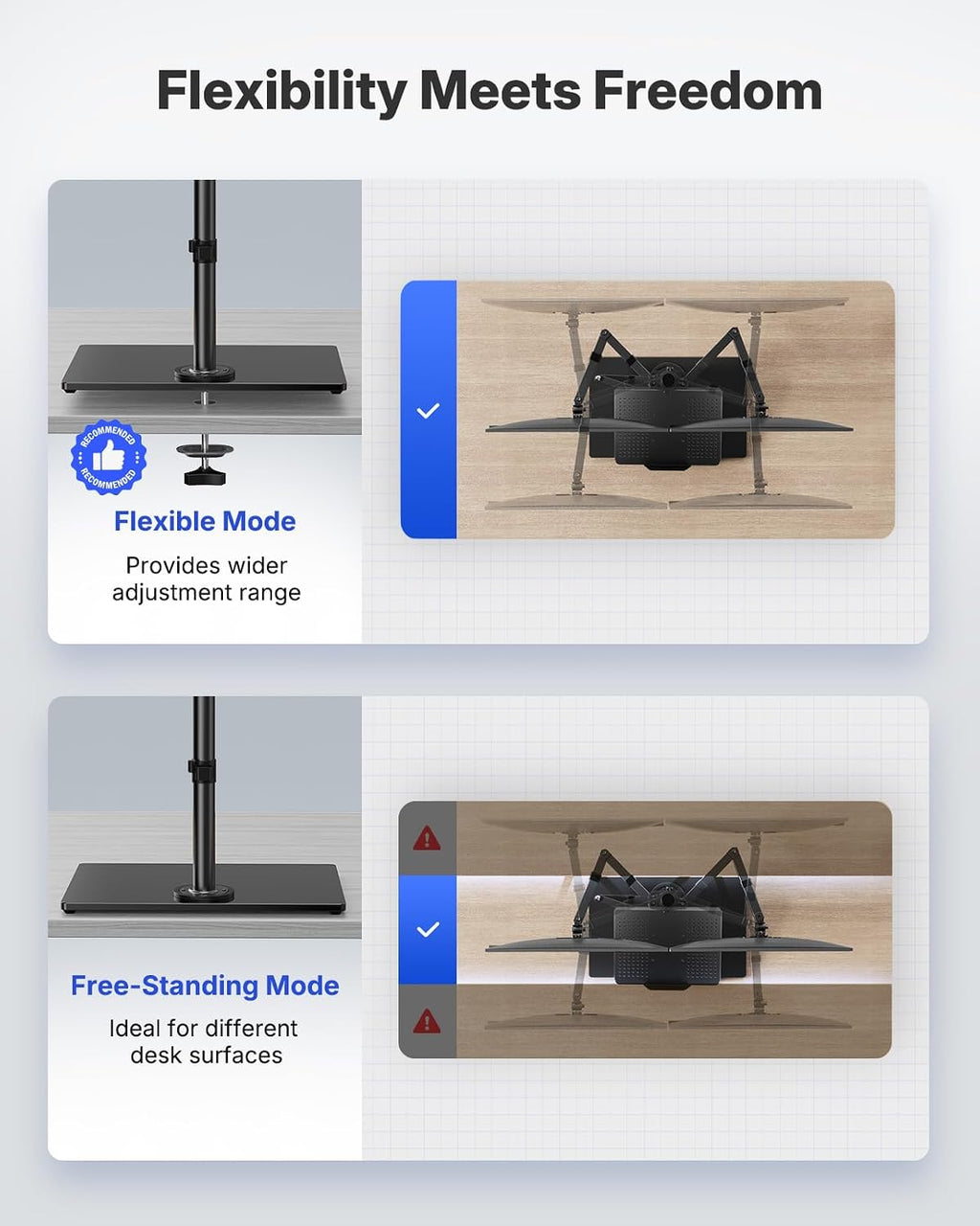 HUANUO Dual Monitor Stand with Laptop Desk Mount, Freestanding Glass Base | Fits 13-32 Inch Screens, Up to 17 Inch Laptop, 22 lbs/Monitor Arm, 19.8 lbs/Tray Arm, 2 Setup Options, VESA 75x75/100x100mm -