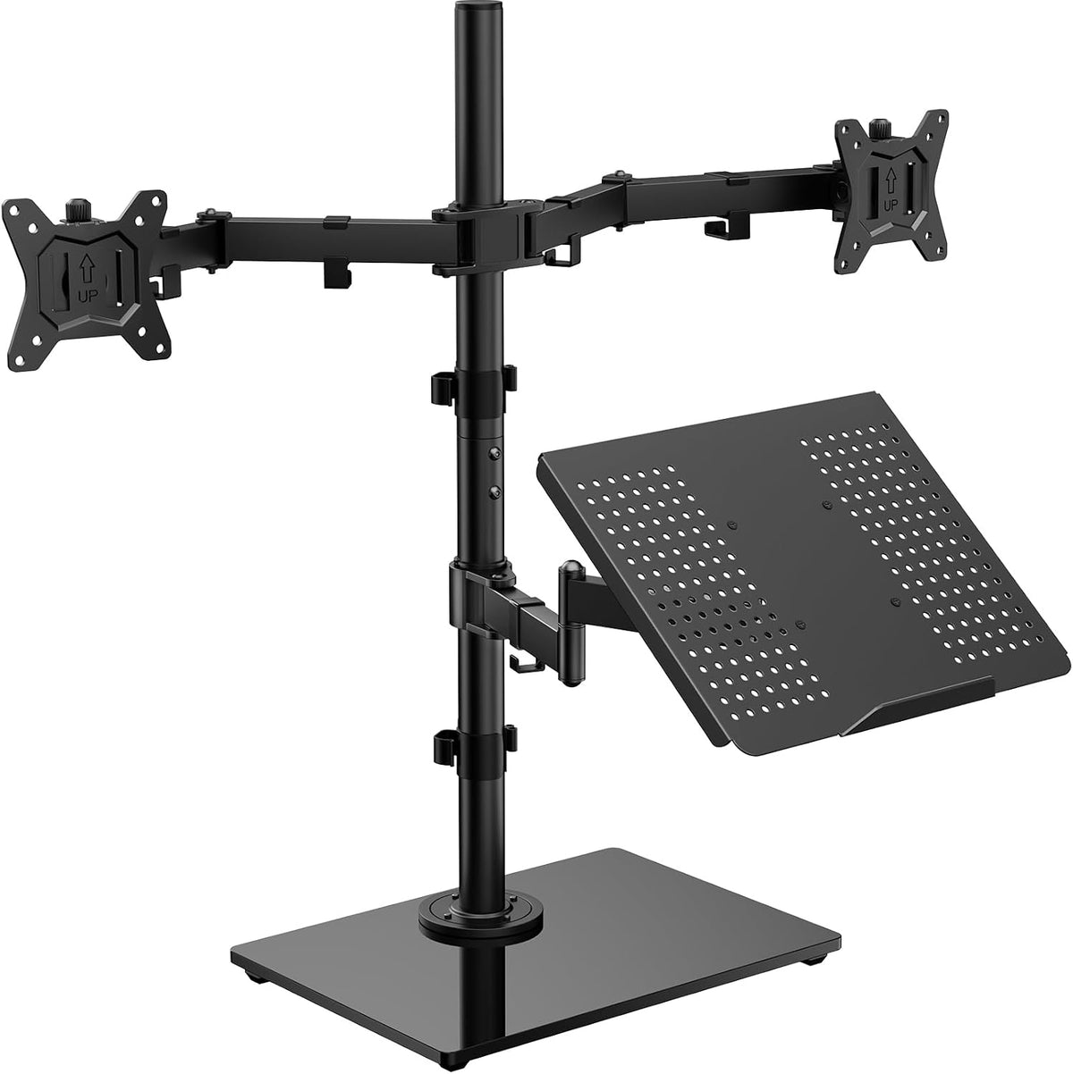 HUANUO Dual Monitor Stand with Laptop Desk Mount, Freestanding Glass Base | Fits 13-32 Inch Screens, Up to 17 Inch Laptop, 22 lbs/Monitor Arm, 19.8 lbs/Tray Arm, 2 Setup Options, VESA 75x75/100x100mm -