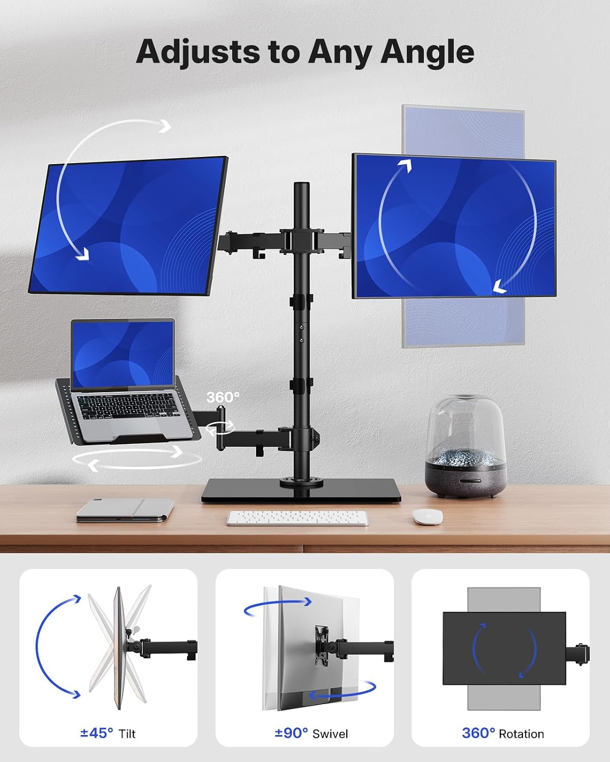 HUANUO Dual Monitor Stand with Laptop Desk Mount, Freestanding Glass Base | Fits 13-32 Inch Screens, Up to 17 Inch Laptop, 22 lbs/Monitor Arm, 19.8 lbs/Tray Arm, 2 Setup Options, VESA 75x75/100x100mm -