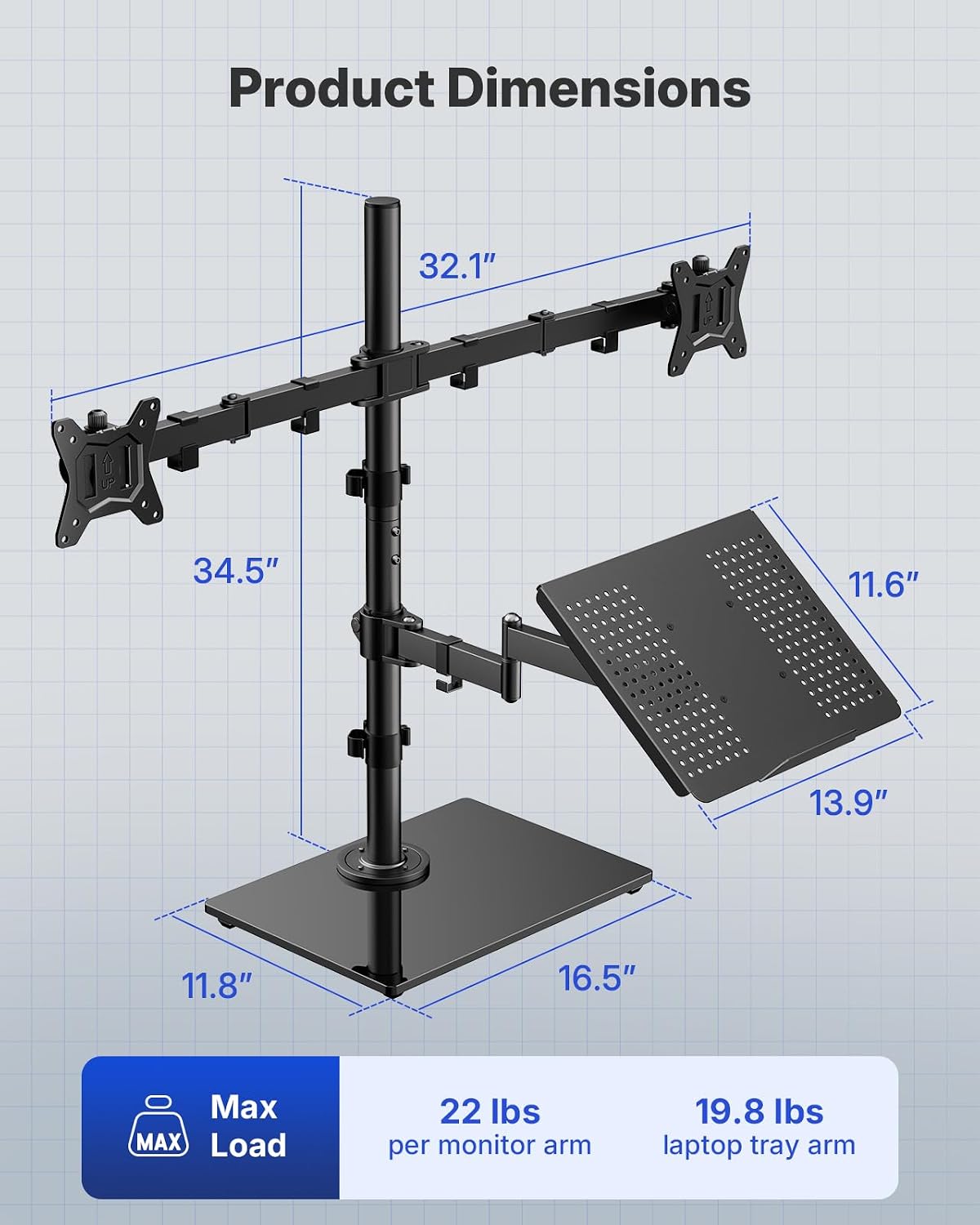 HUANUO Dual Monitor Stand with Laptop Desk Mount, Freestanding Glass Base | Fits 13-32 Inch Screens, Up to 17 Inch Laptop, 22 lbs/Monitor Arm, 19.8 lbs/Tray Arm, 2 Setup Options, VESA 75x75/100x100mm -