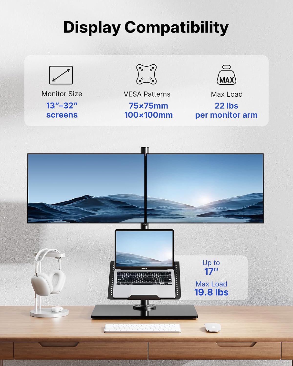 HUANUO Dual Monitor Stand with Laptop Desk Mount, Freestanding Glass Base | Fits 13-32 Inch Screens, Up to 17 Inch Laptop, 22 lbs/Monitor Arm, 19.8 lbs/Tray Arm, 2 Setup Options, VESA 75x75/100x100mm -