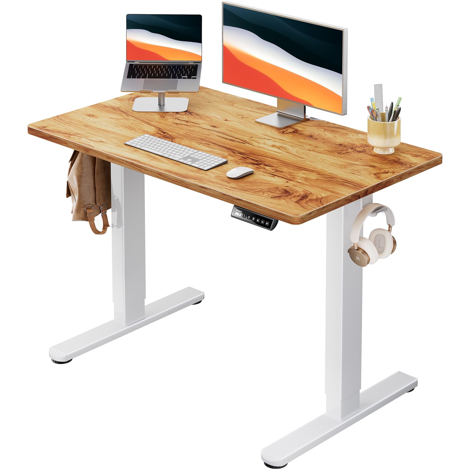 HUANUO Electric Small Standing Desk, 35" x 24" Whole Piece Desktop, Adjustable Height Computer Desk, 4 Height Memory Settings, Sit Stand Up Desk for Home Office, White - Light Vintage