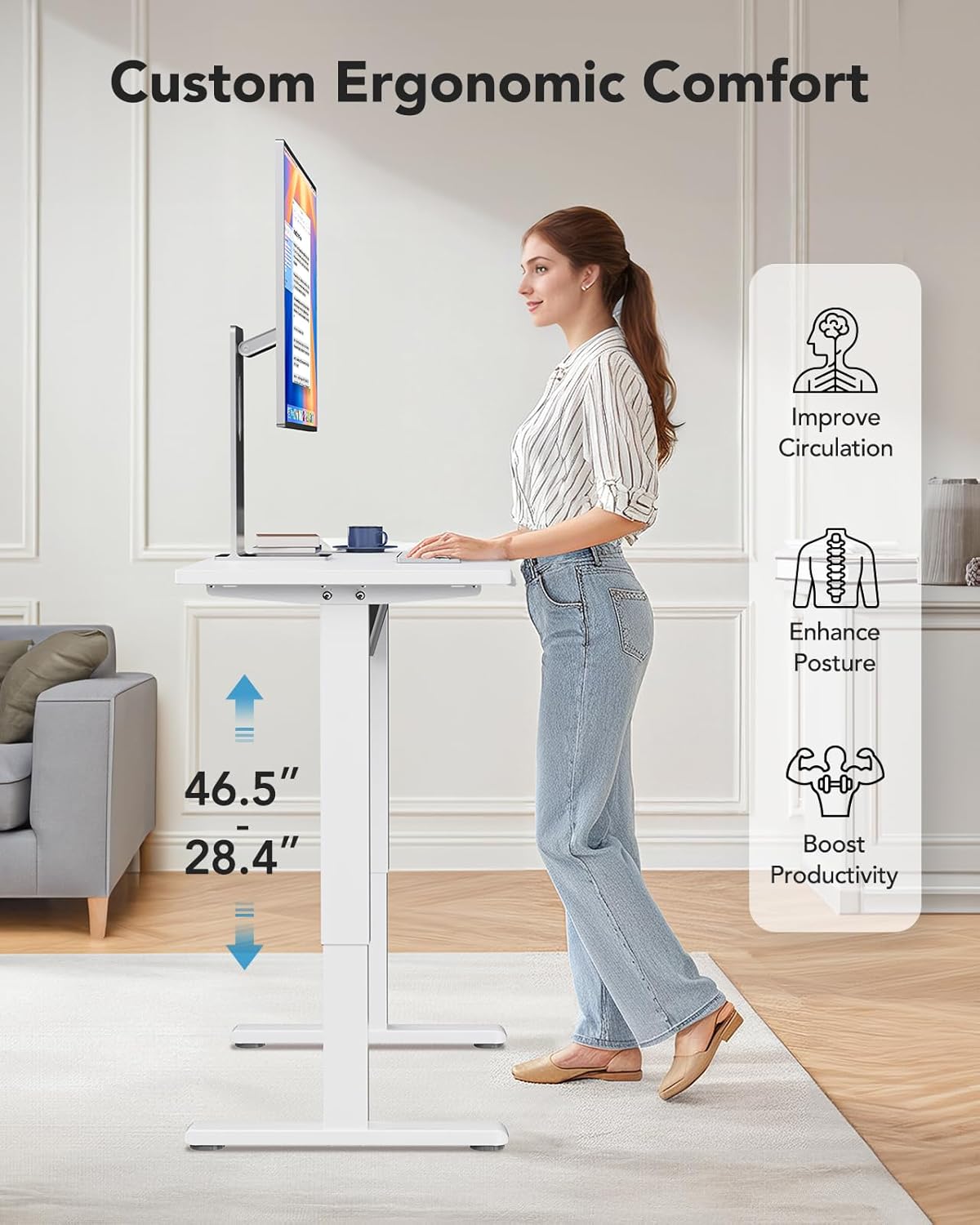 HUANUO Electric Small Standing Desk, 35" x 24" Whole Piece Desktop, Adjustable Height Computer Desk, 4 Height Memory Settings, Sit Stand Up Desk for Home Office, White - Light Vintage