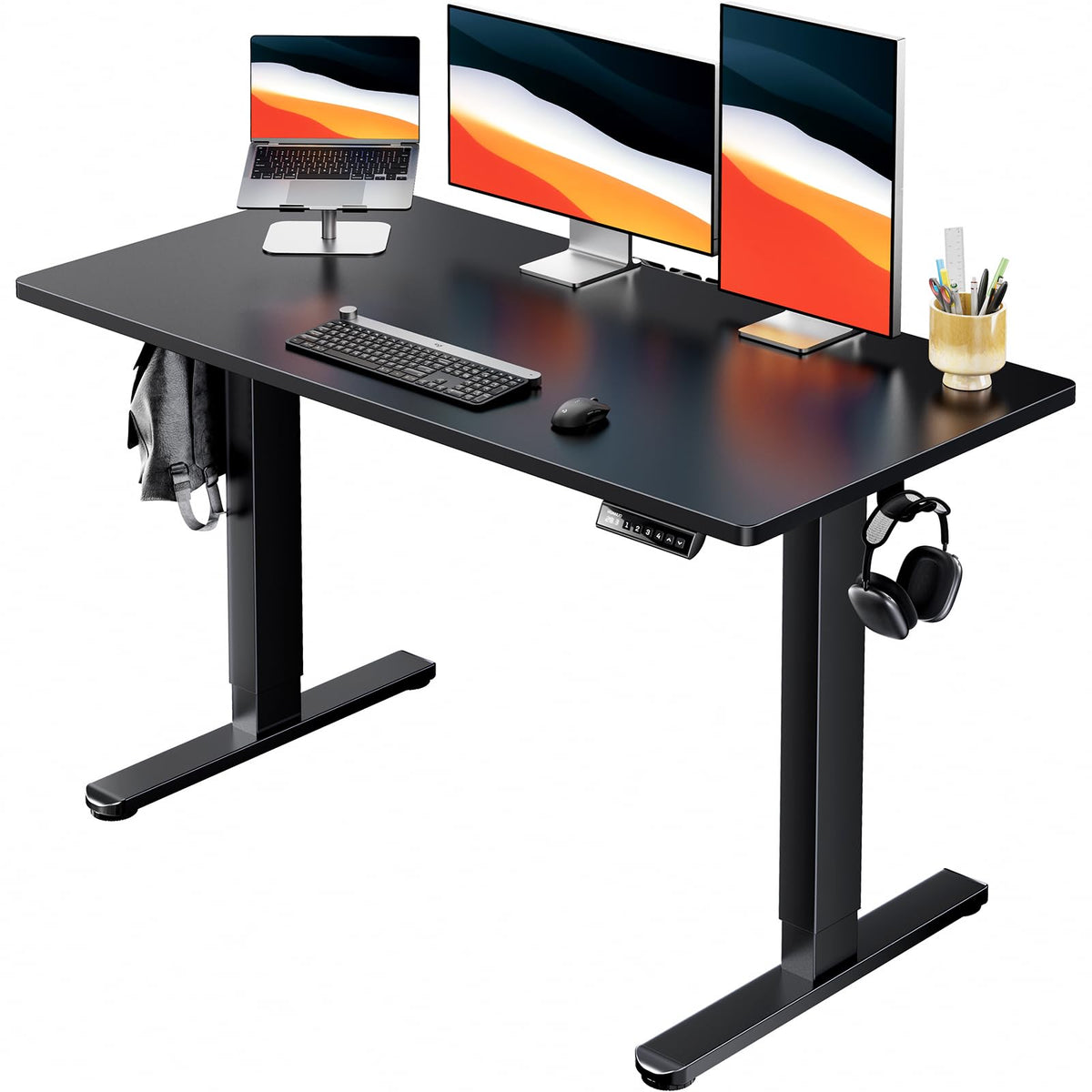 HUANUO Electric Small Standing Desk, 35" x 24" Whole Piece Desktop, Adjustable Height Computer Desk, 4 Height Memory Settings, Sit Stand Up Desk for Home Office, White - Black